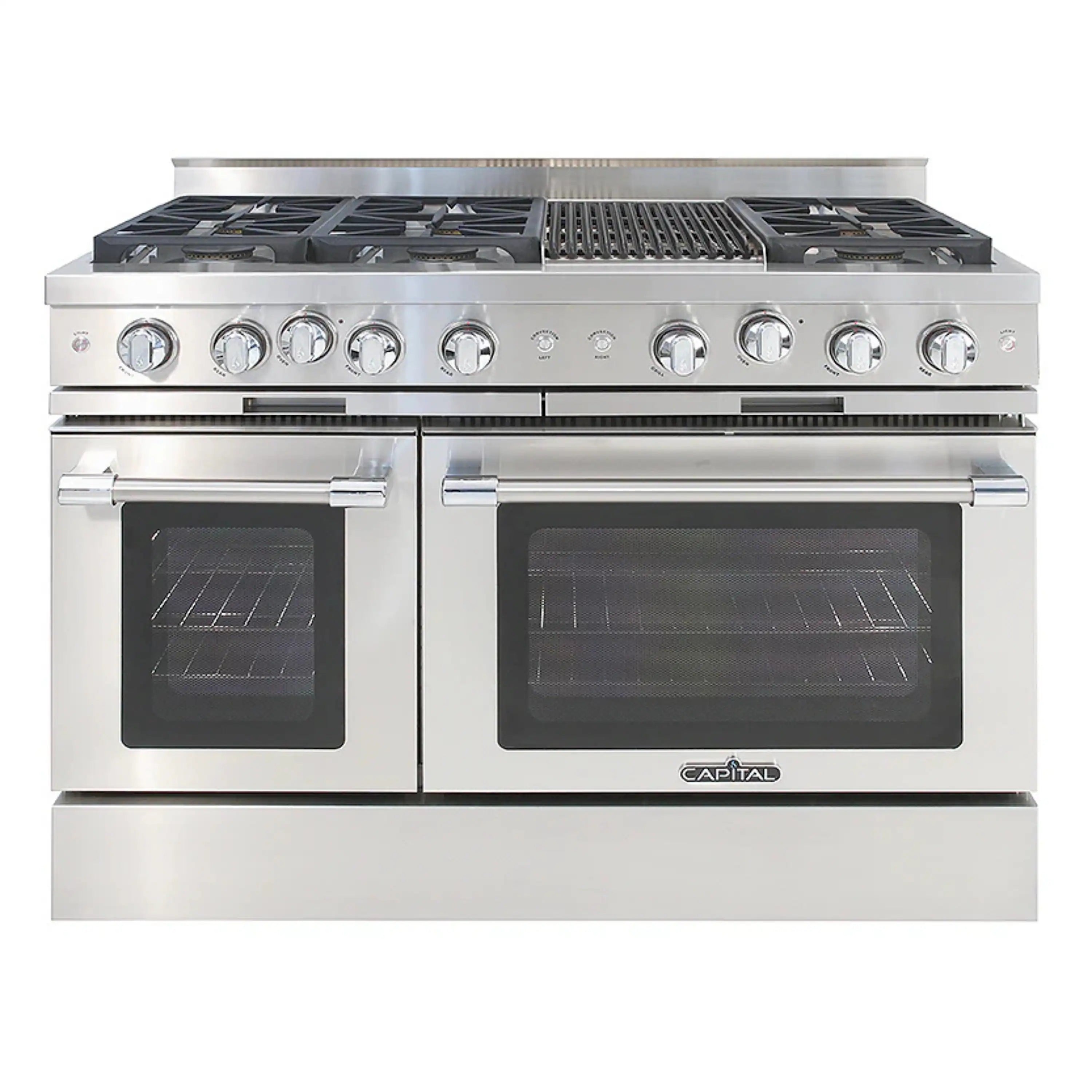 Stainless steel gas range with control knobs and double oven doors