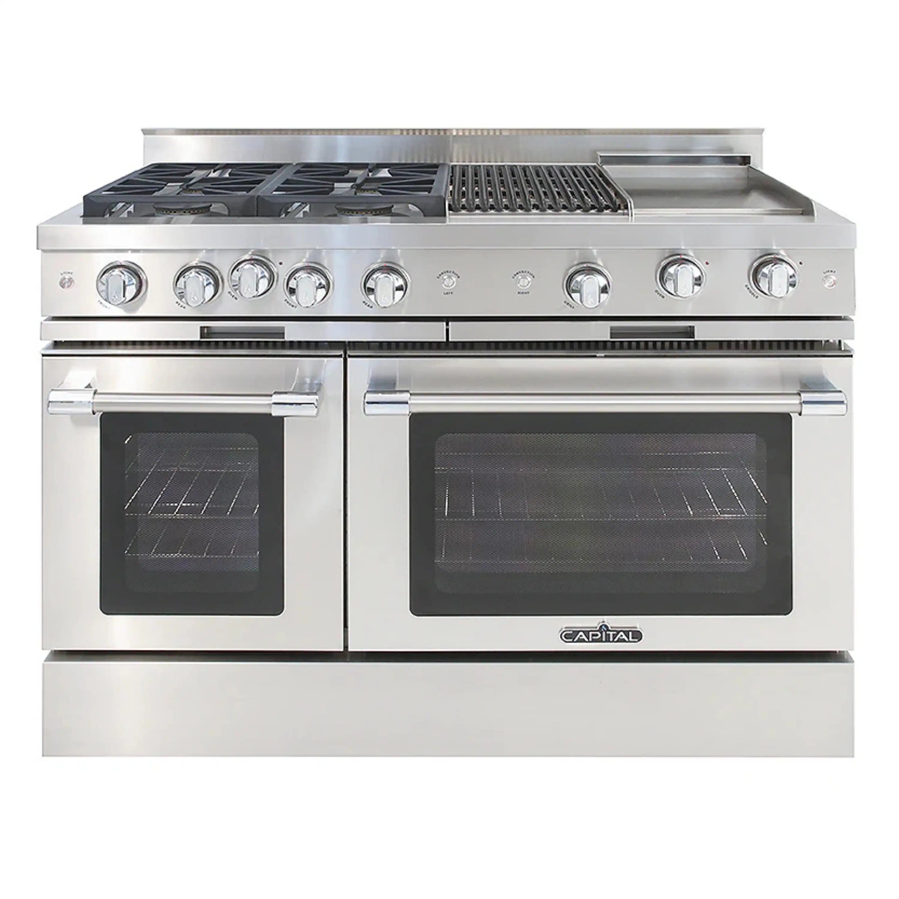 Stainless steel 48-inch chef gas range with four burners, griddle, and ovens