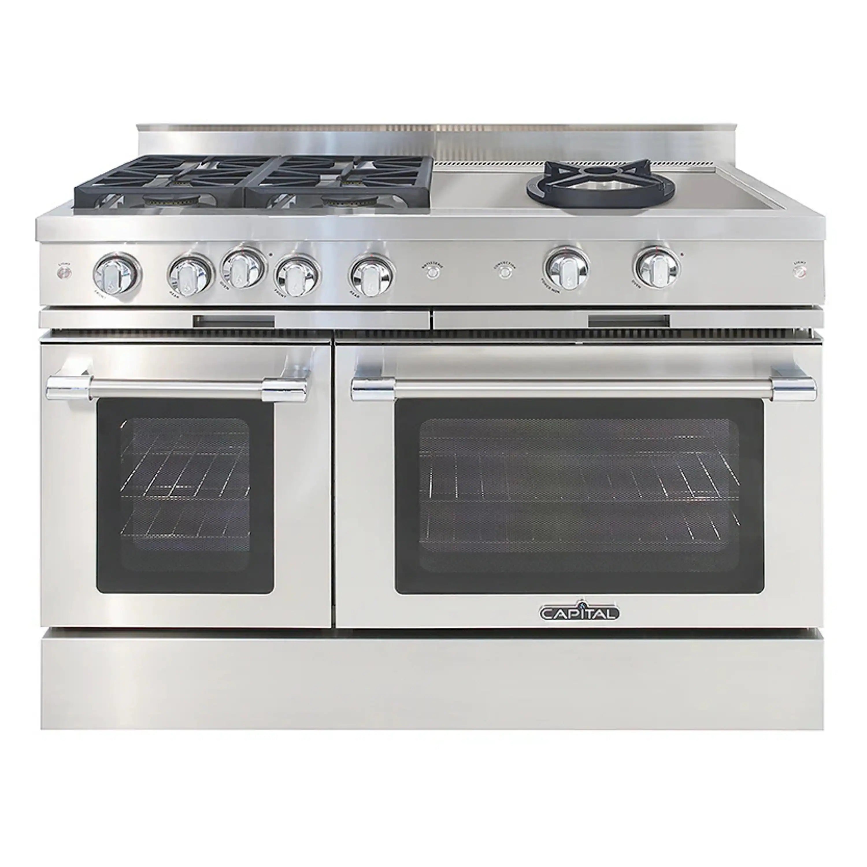 Stainless steel 48-inch chef gas range with four sealed burners and double oven doors