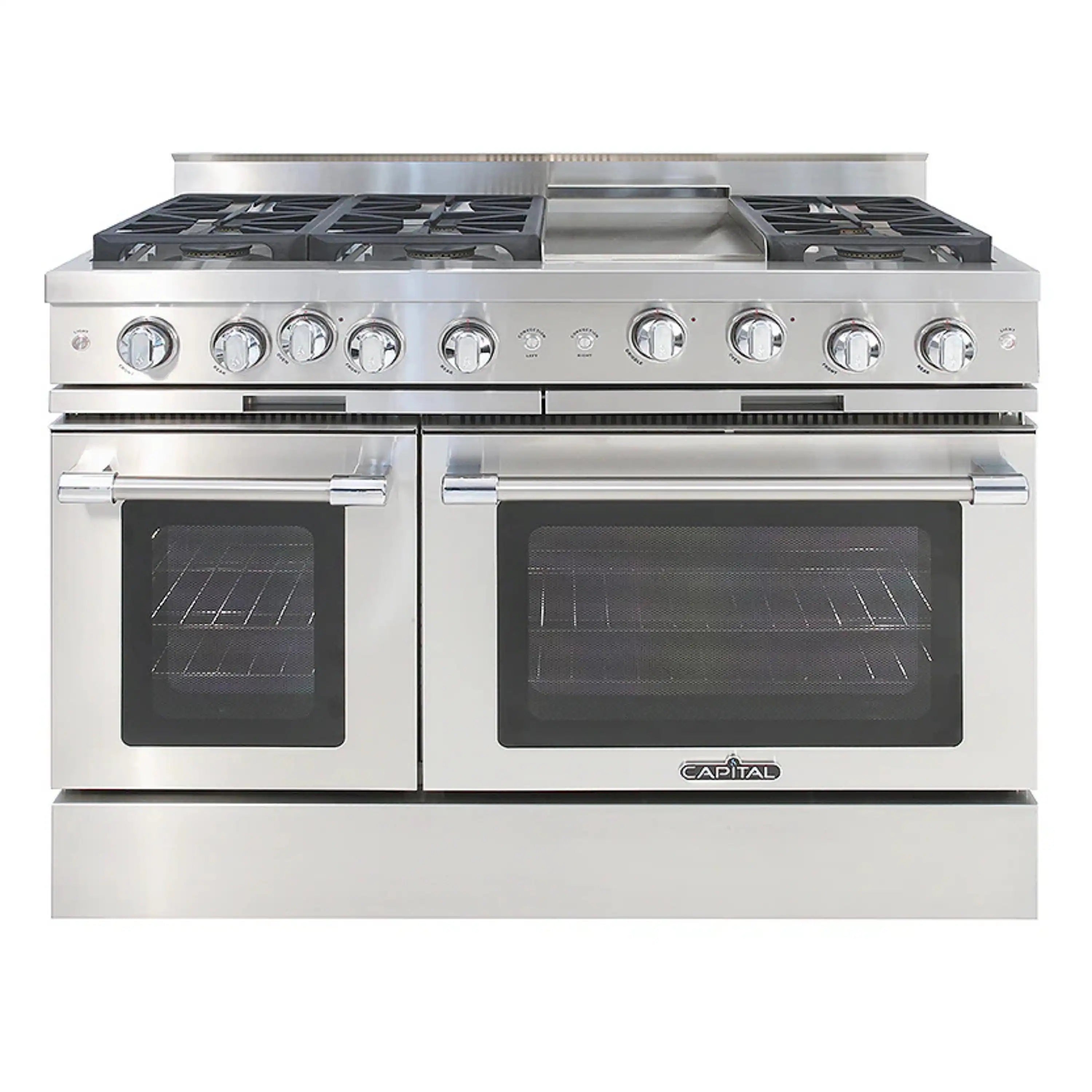 Stainless steel 48-inch gas chef range with 6 sealed burners and griddle, double oven doors