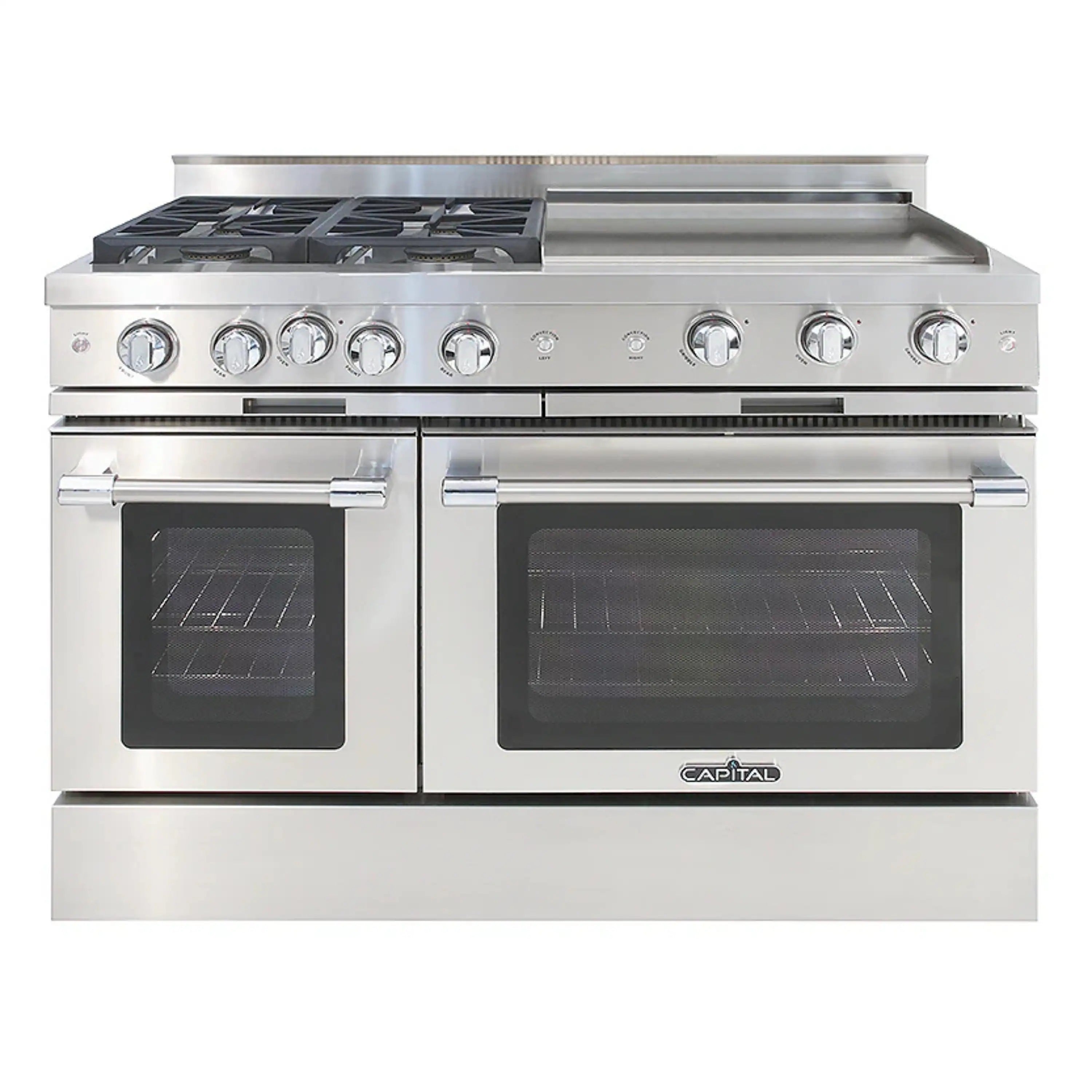 Stainless steel gas range with 4 sealed burners, two ovens, and built-in griddle