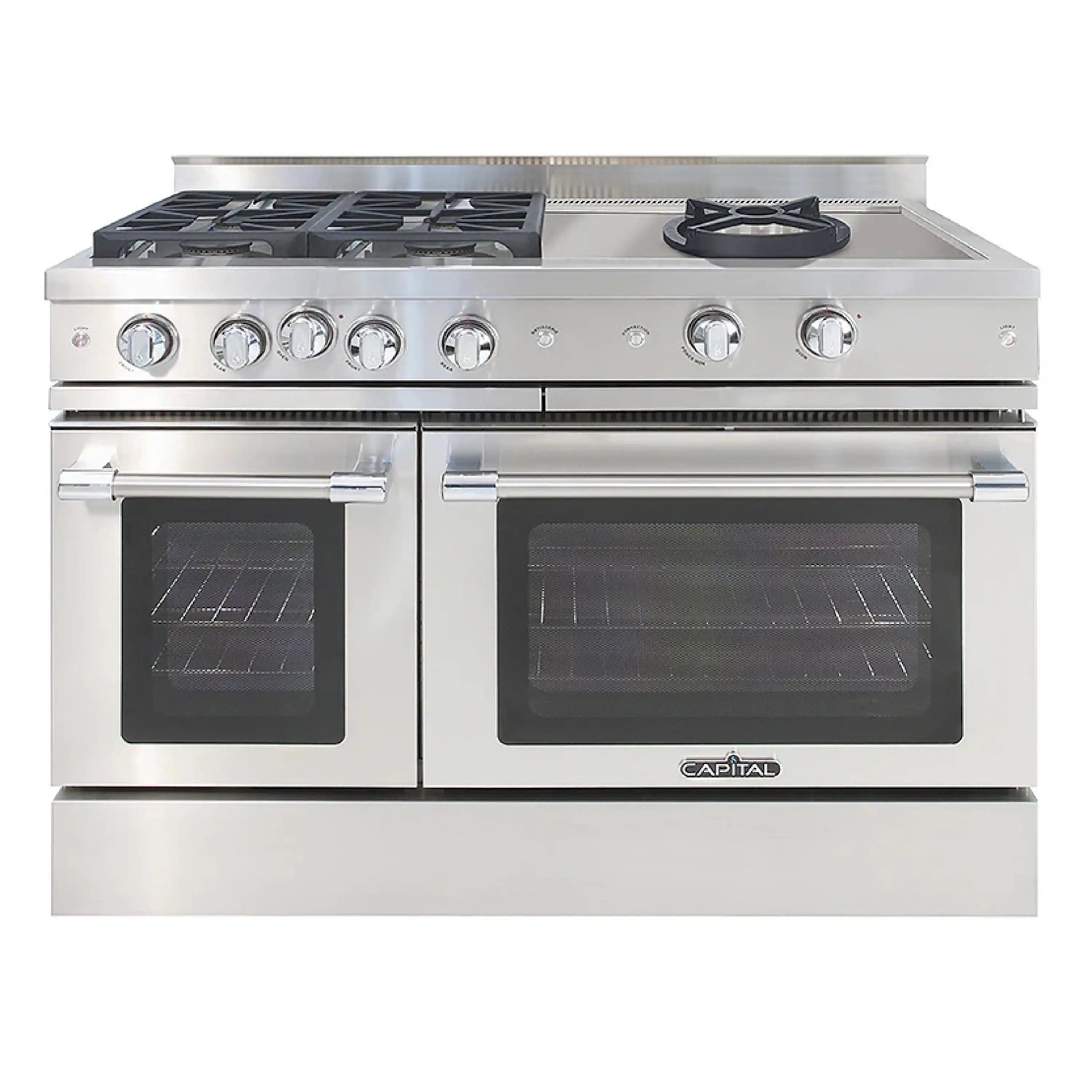 Stainless steel 48-inch gas chef range with 4 sealed burners and dual ovens