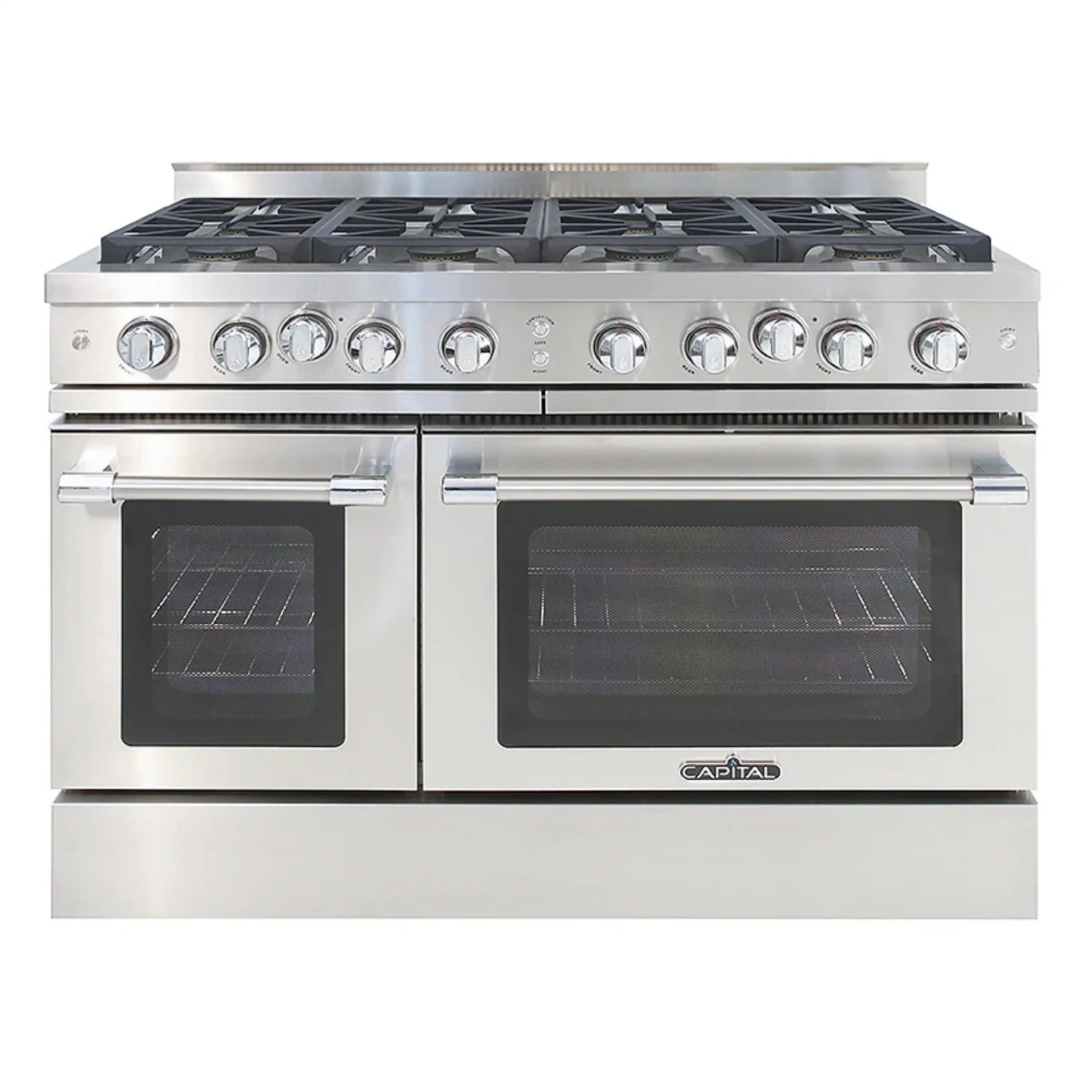 Stainless freestanding gas range with 8 burners and double oven doors