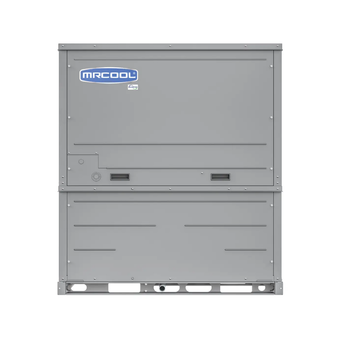 Gray packaged heat pump condenser with access panels and service ports