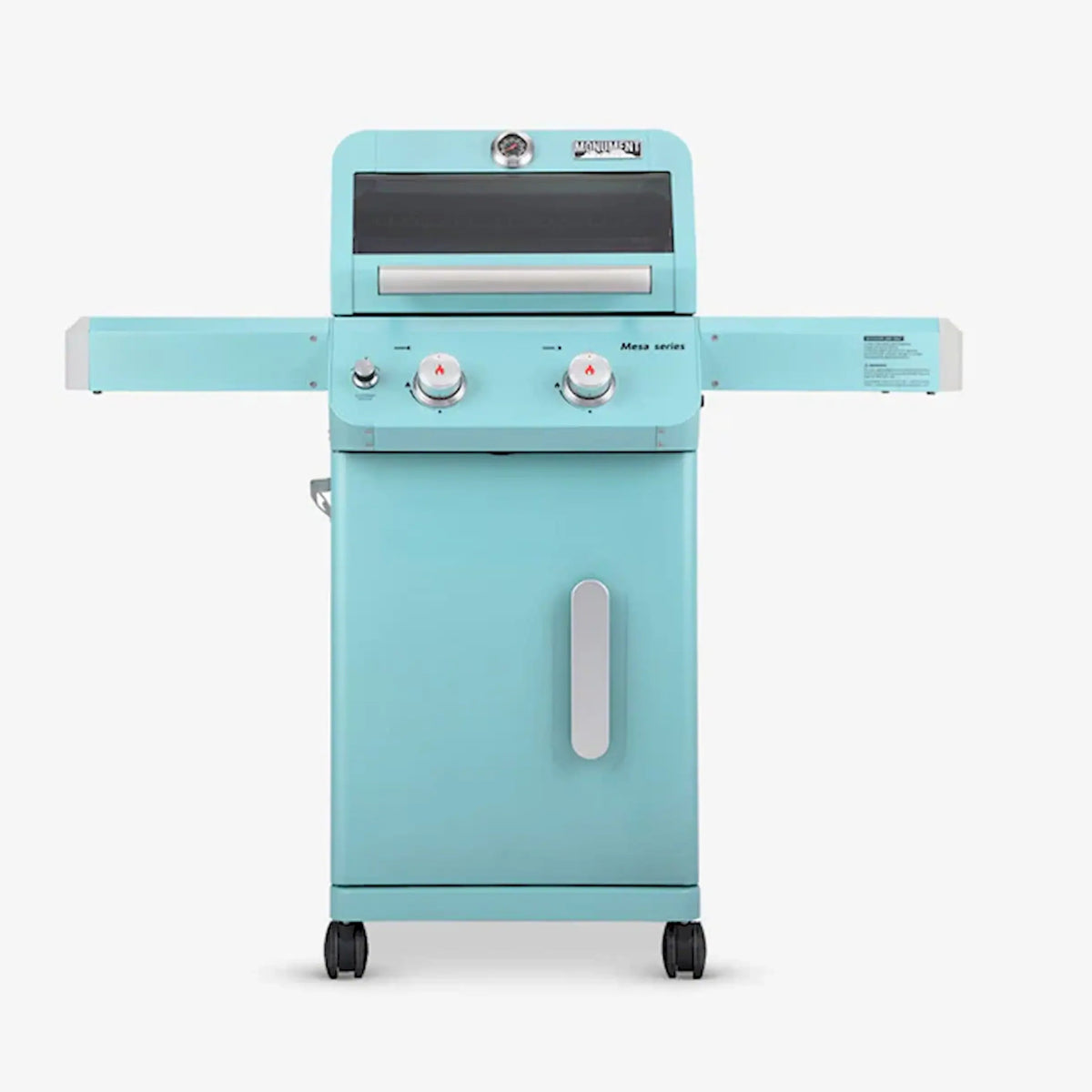 Front view of green 2-burner propane grill cart with control knobs and lid