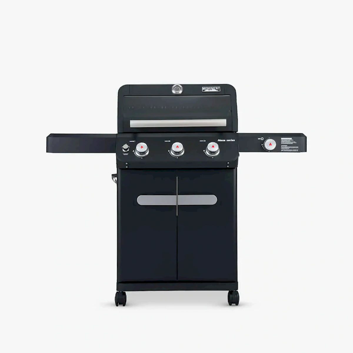 Black 3-burner propane gas grill with hood and front control knobs