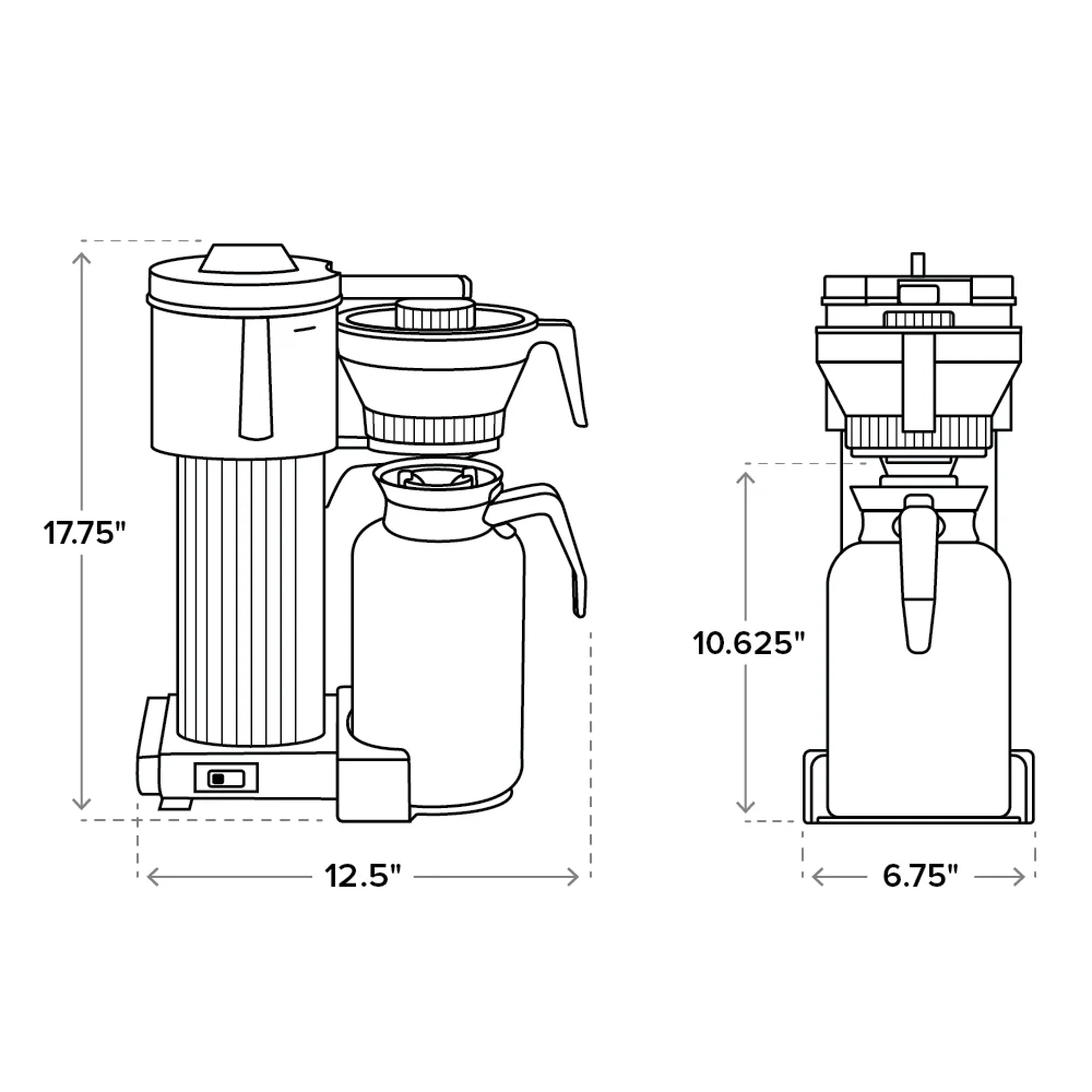 Coffee maker line diagram with labeled dimensions for brewing unit and carafe