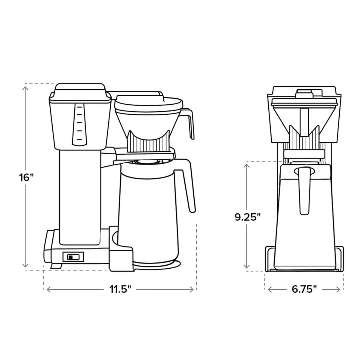 Coffee maker dimension diagram: 16 in tall, 11.5 in wide; side view 9.25 in
