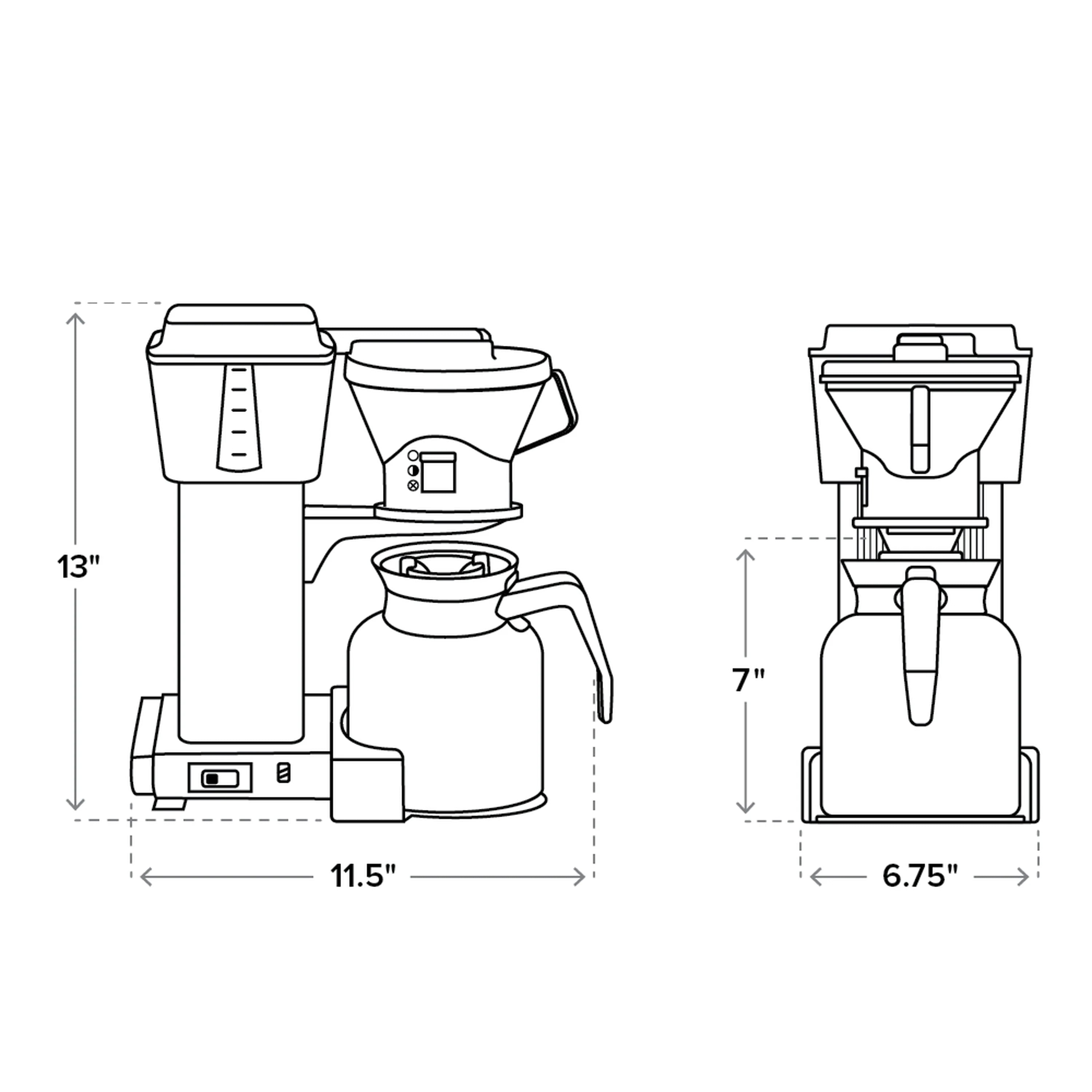 Coffee maker dimensions diagram, shows 13 in and 7 in height measurements