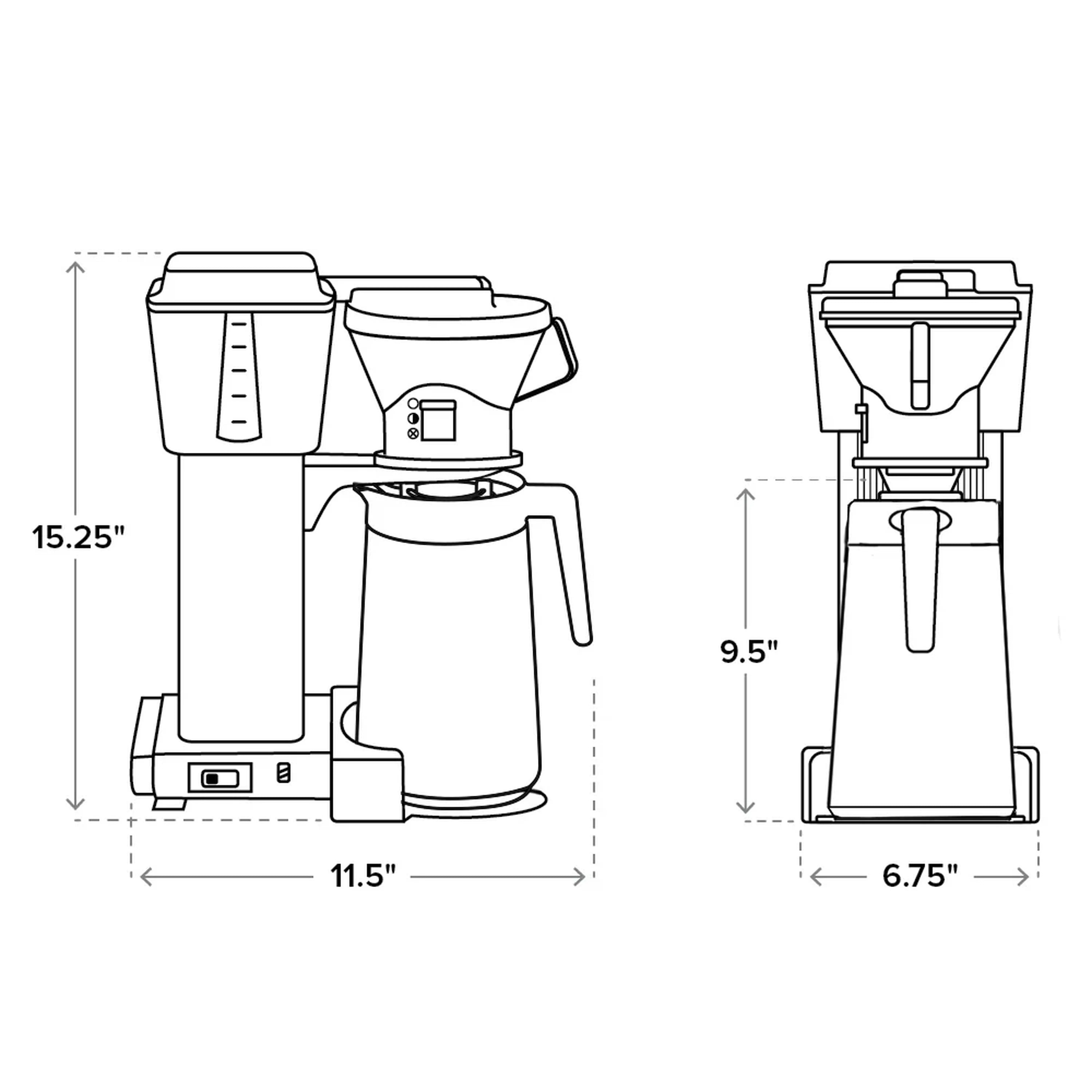 Line diagram of black thermal carafe drip coffee maker with height and width