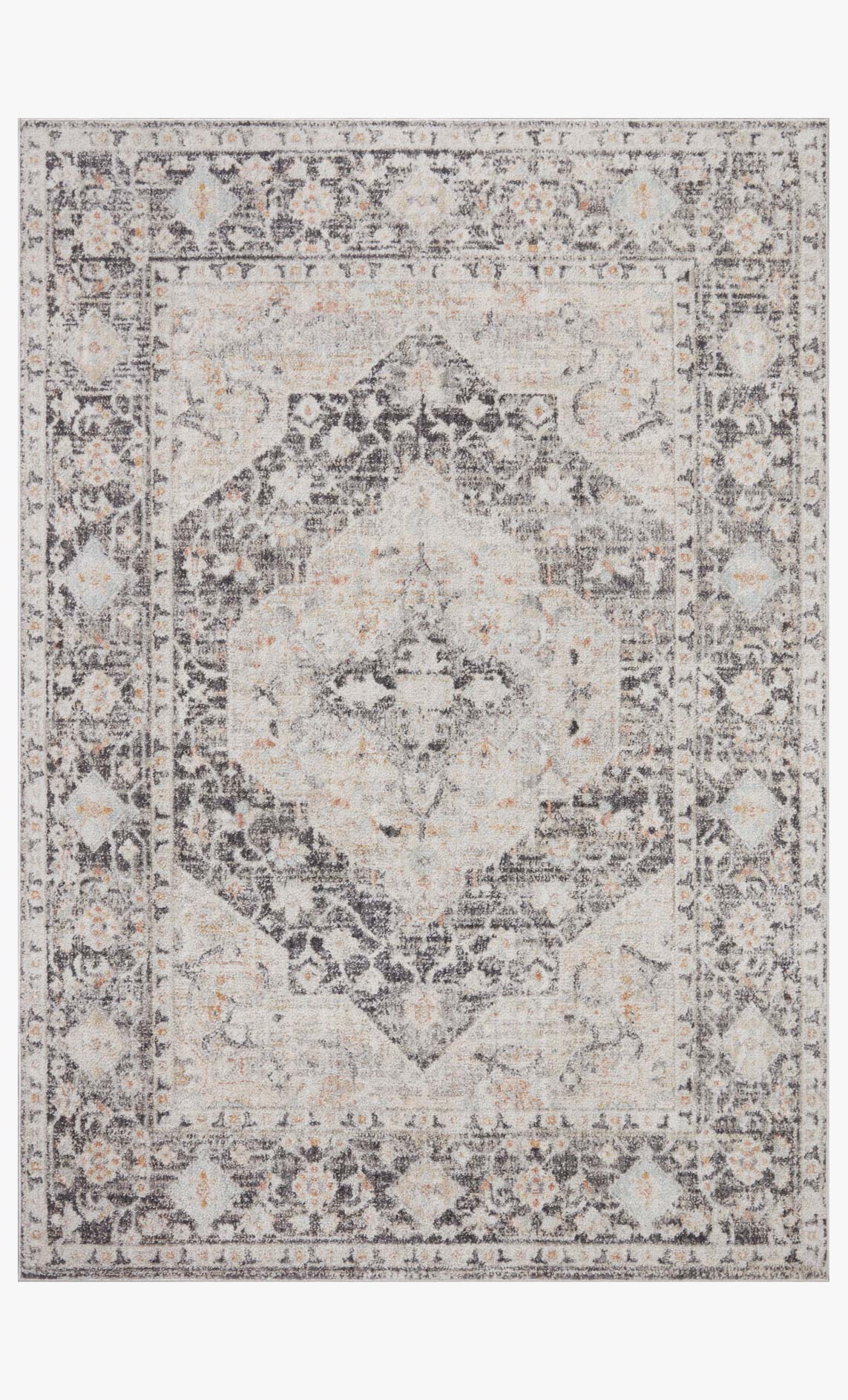 Full view distressed gray runner rug with central medallion, ornate border, and speckled details
