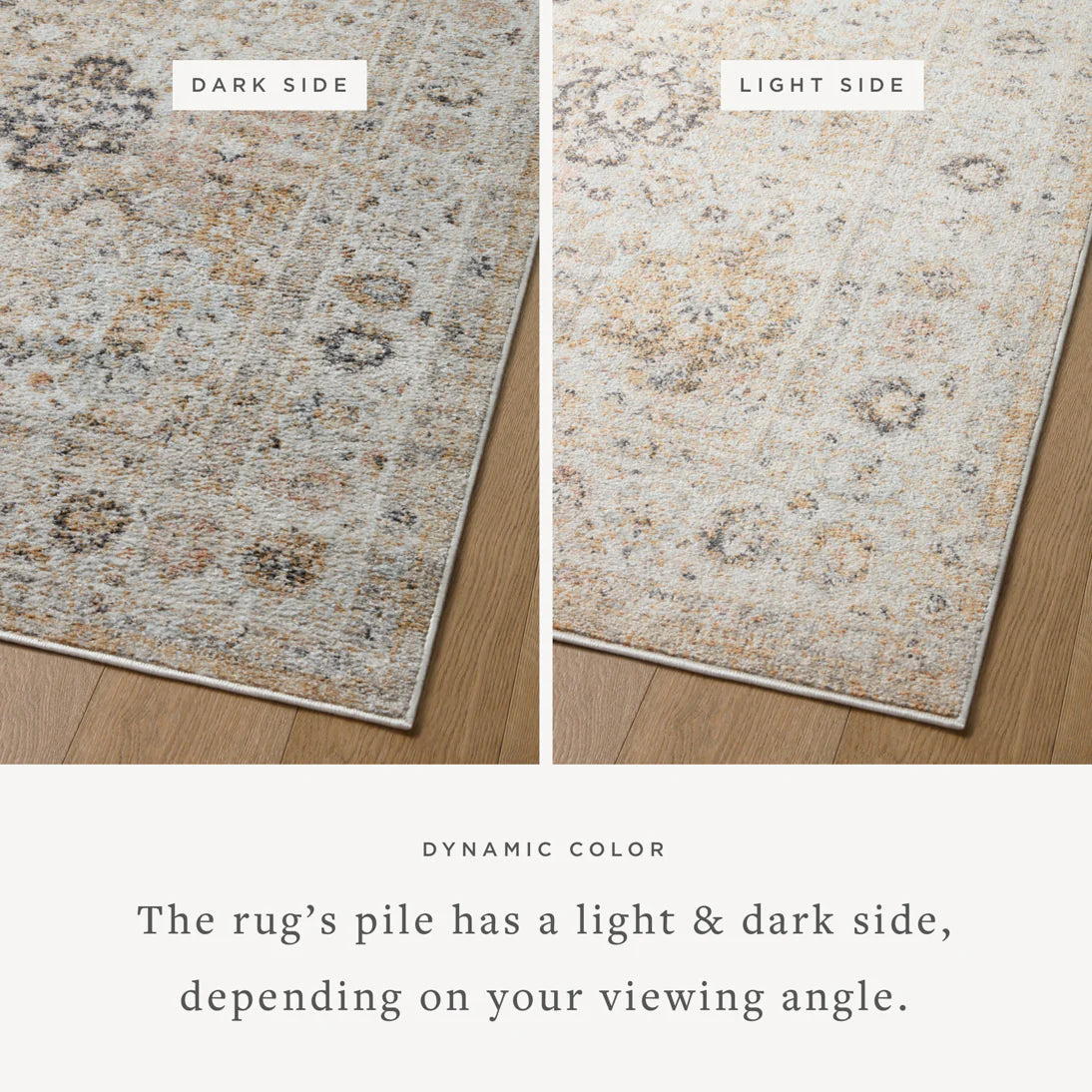 Beige area rug with mottled light-and-dark pile effect from two viewing angles