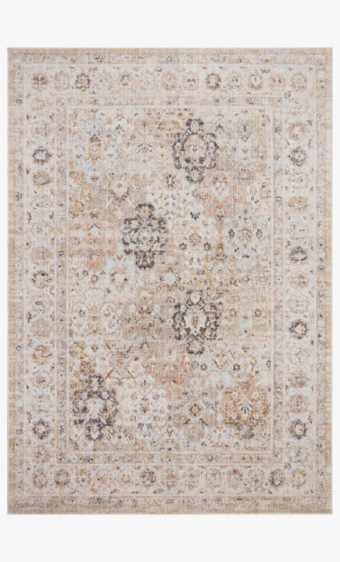 Beige area rug featuring repeating medallion design and detailed border