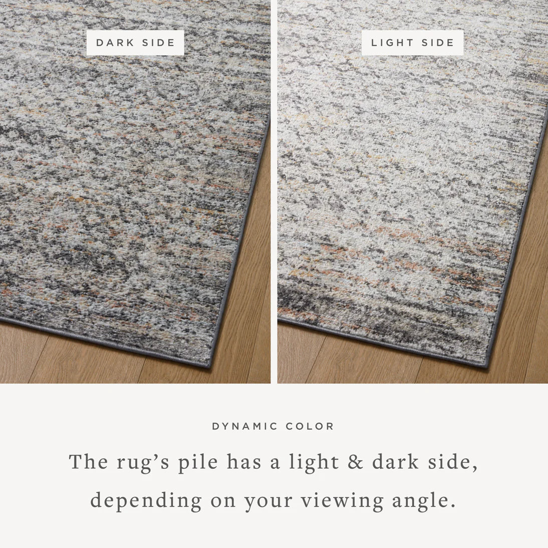 Gray area rug showing lighter and darker tones of the same abstract pile pattern.