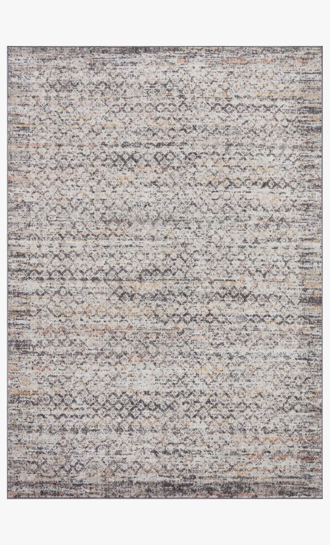 Rectangular gray area rug with repeating geometric motifs and multicolor speckled field