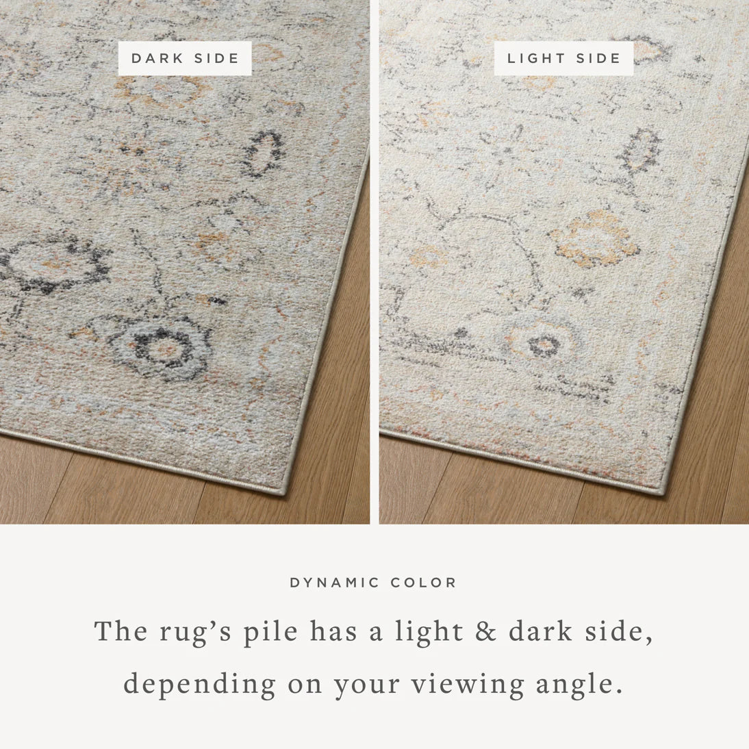 Natural rug with distressed floral medallion motif, light and dark blended fibers