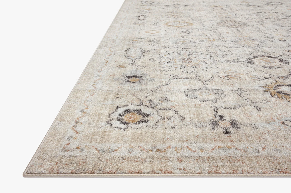 Natural runner rug with distressed medallion and floral pattern in light beige and dark gray