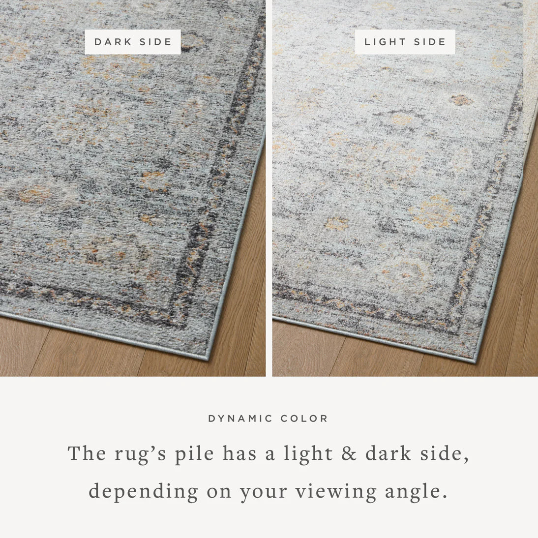 Two-tone pile area rug with lighter and darker sections, muted blue and gold flecks