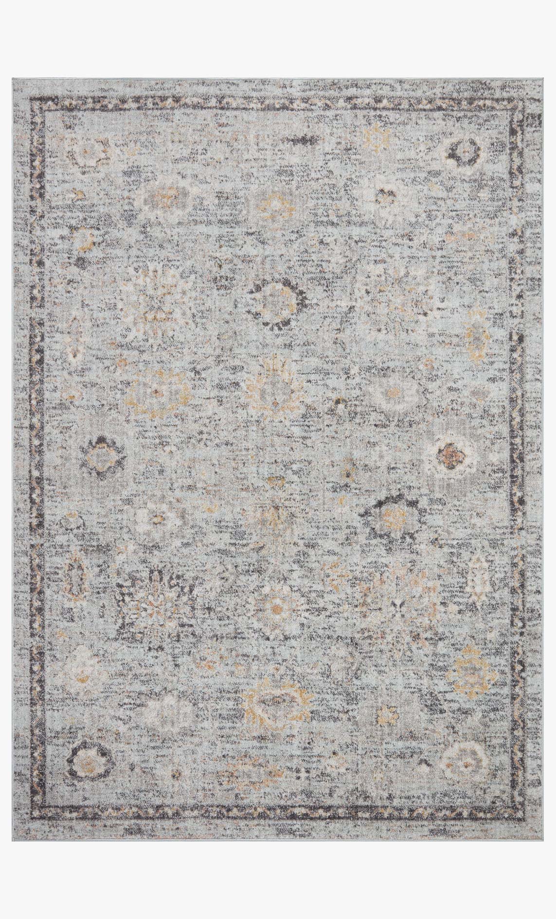 Rectangular area rug with light gray distressed pattern, dark framing border, and gold speckles
