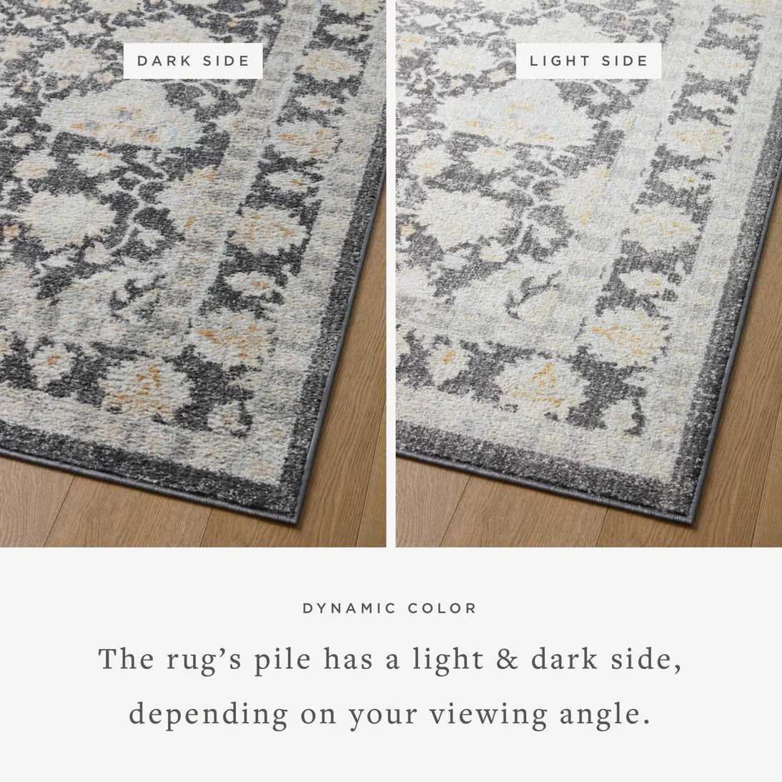 Charcoal and natural area rug with distressed damask pattern, showing light and dark sides.