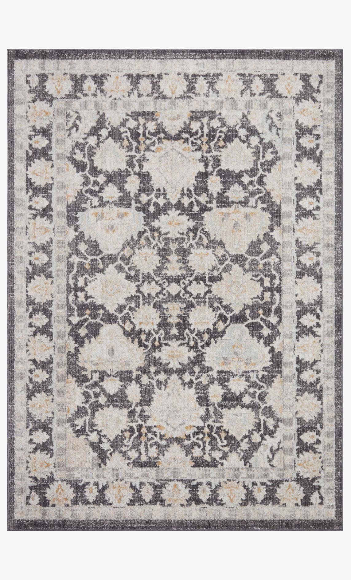 Charcoal and natural large area rug with central medallion and ornate distressed border