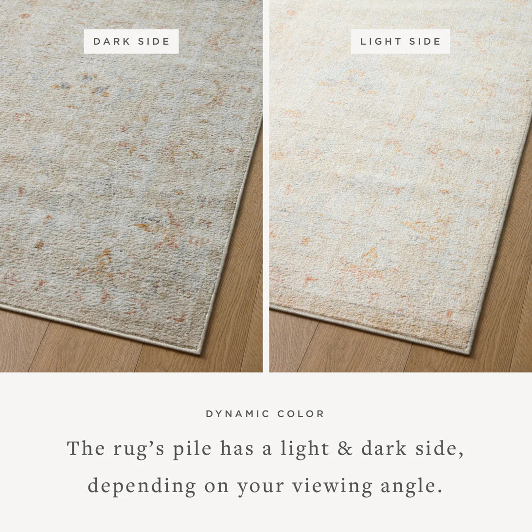 Accent rug showing lighter and darker beige tones at the edges, distressed rust flecks