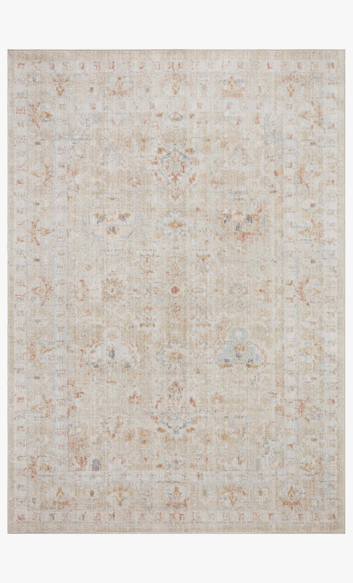 Light beige accent rug with scattered rust and orange distressed motifs, flat full view