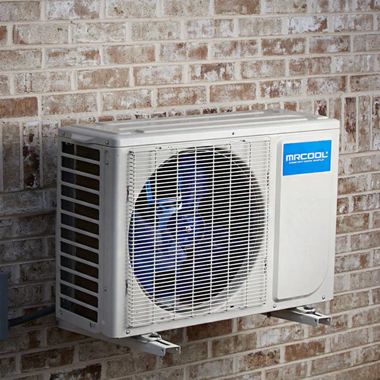 MRCOOL mini-split condenser mounted to a wall using the included wall bracket kit