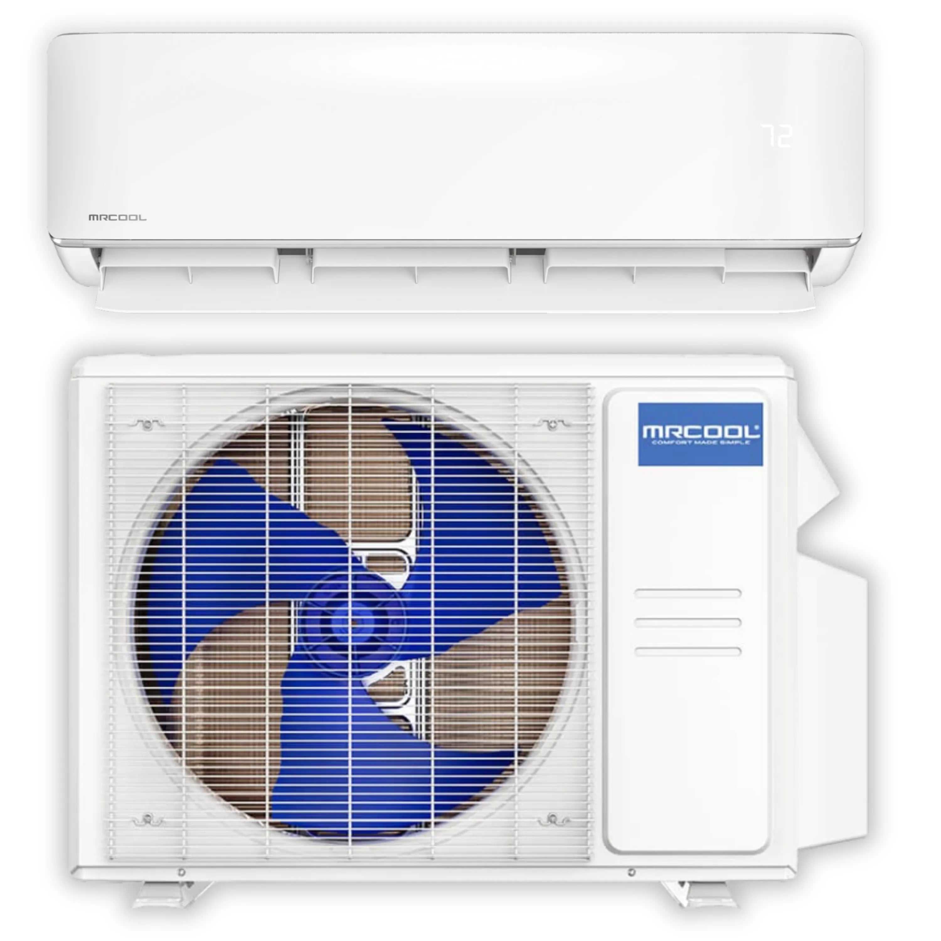 White MRCOOL wall-mounted mini split indoor and outdoor units with fan coil view