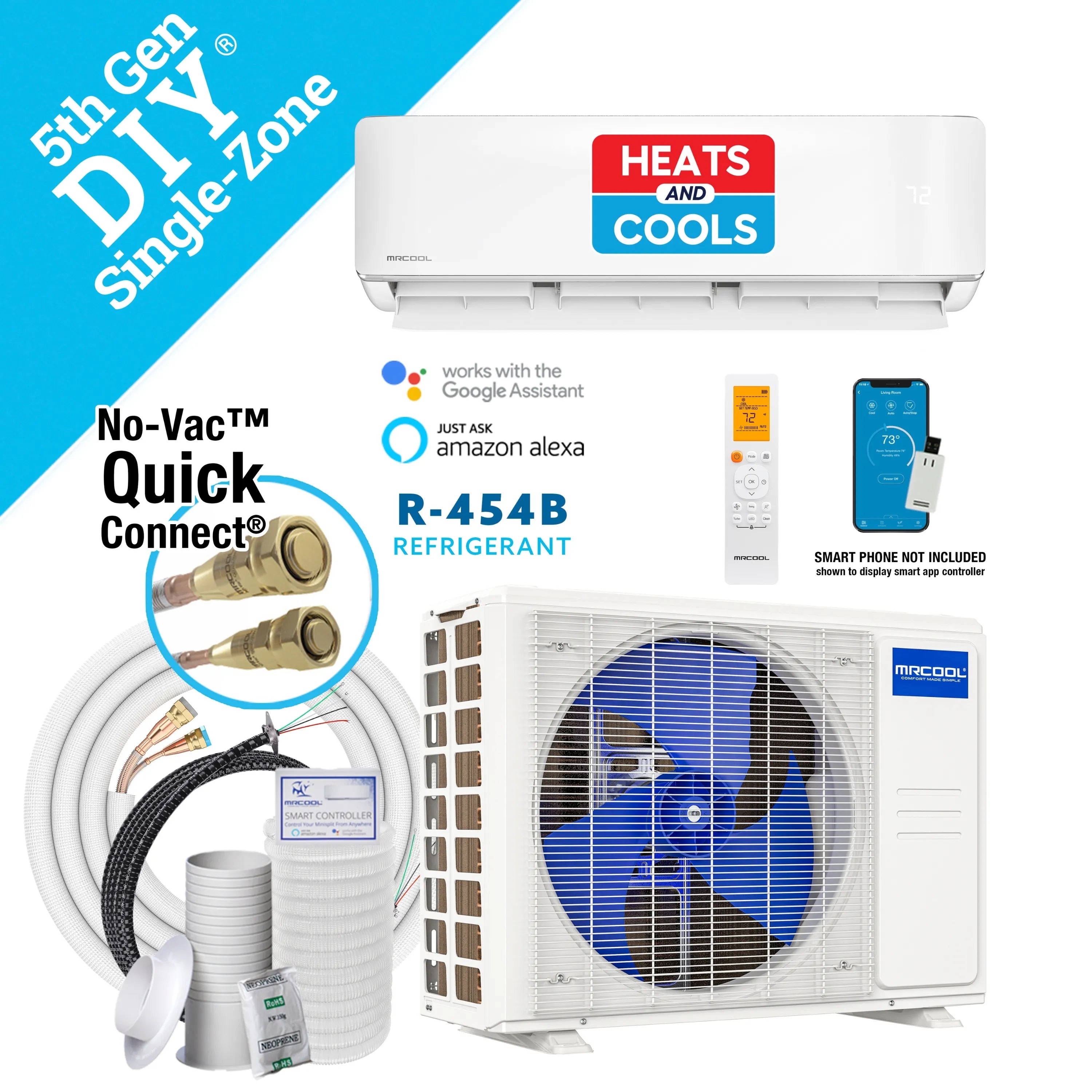 Wall-mounted mini split HVAC system with indoor unit, outdoor unit, and remote