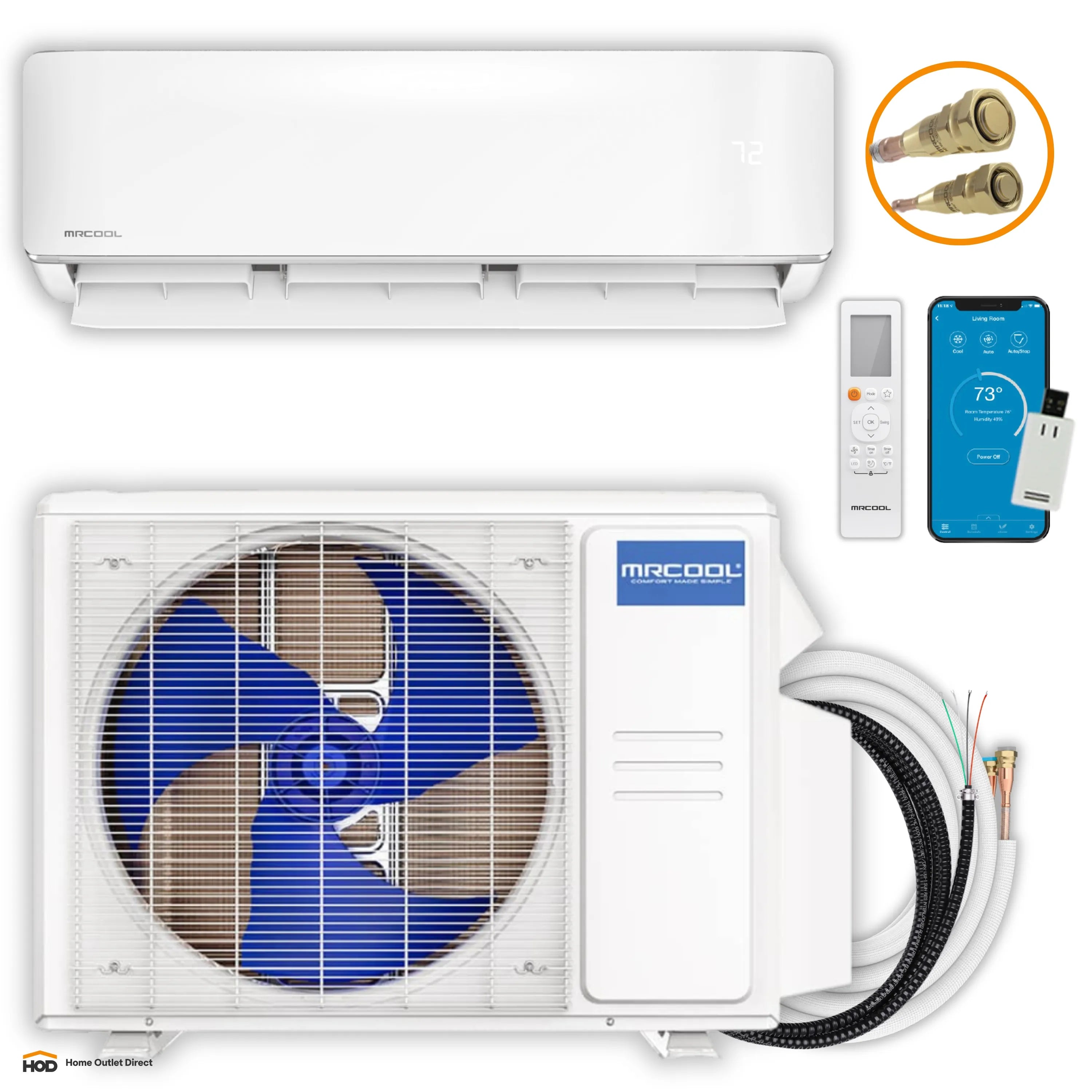 Mini split HVAC bundle with indoor and outdoor units, remote, and insulated line set
