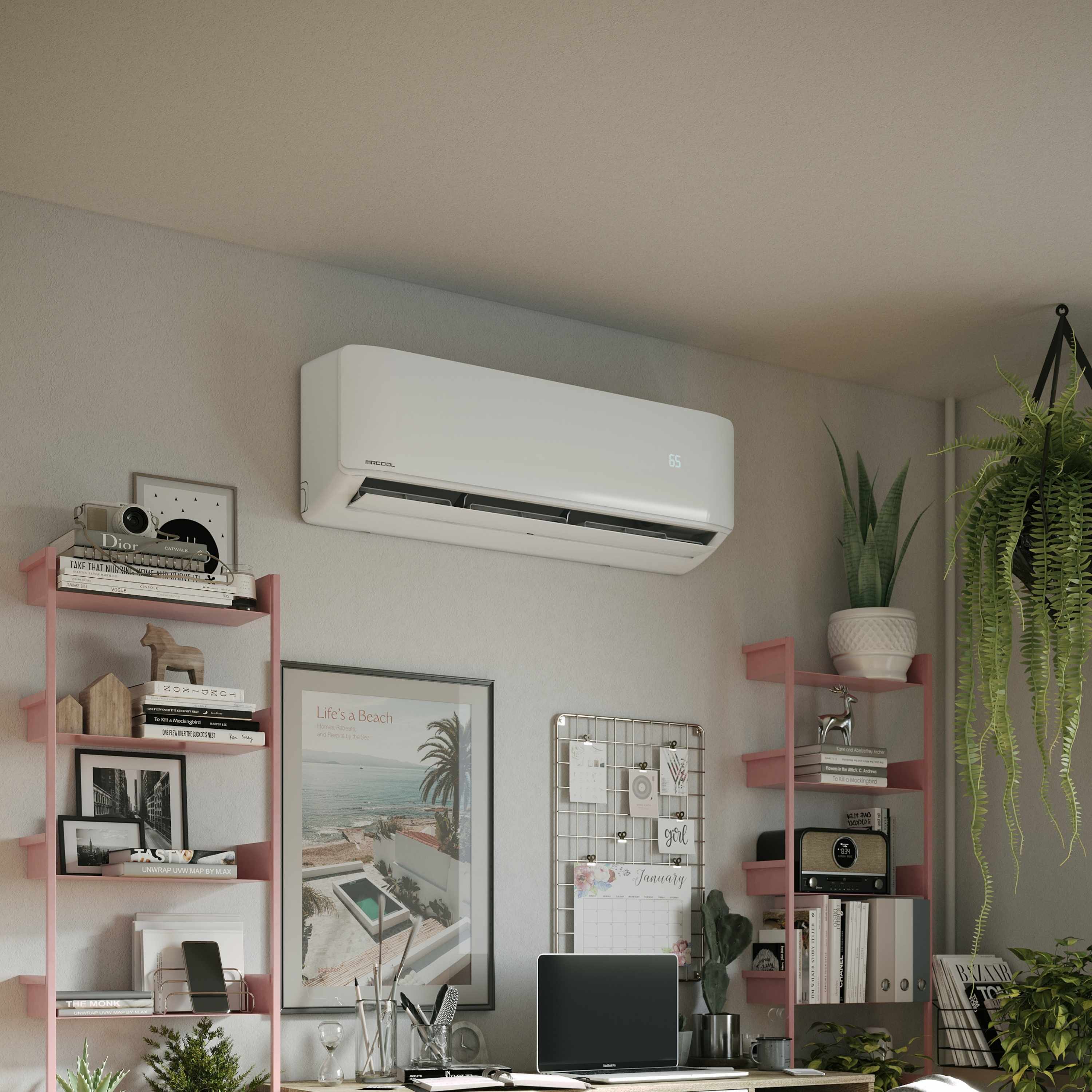 Wall-mounted mini split air conditioner with white indoor unit in a living room
