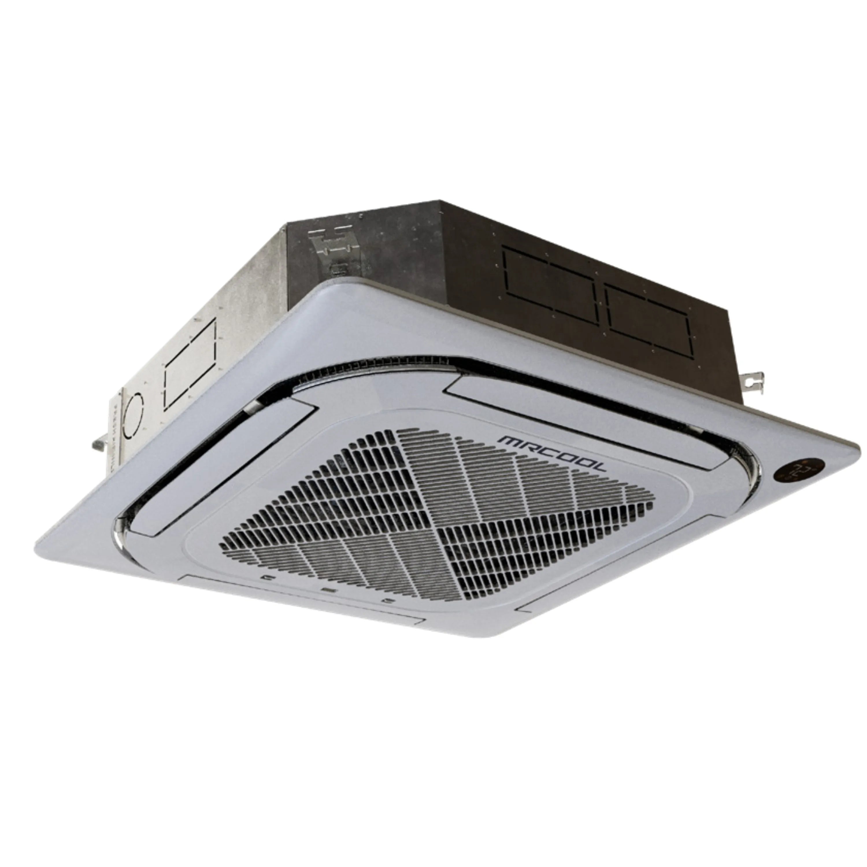 Ceiling cassette mini-split unit with exposed grille, angled view, light gray housing