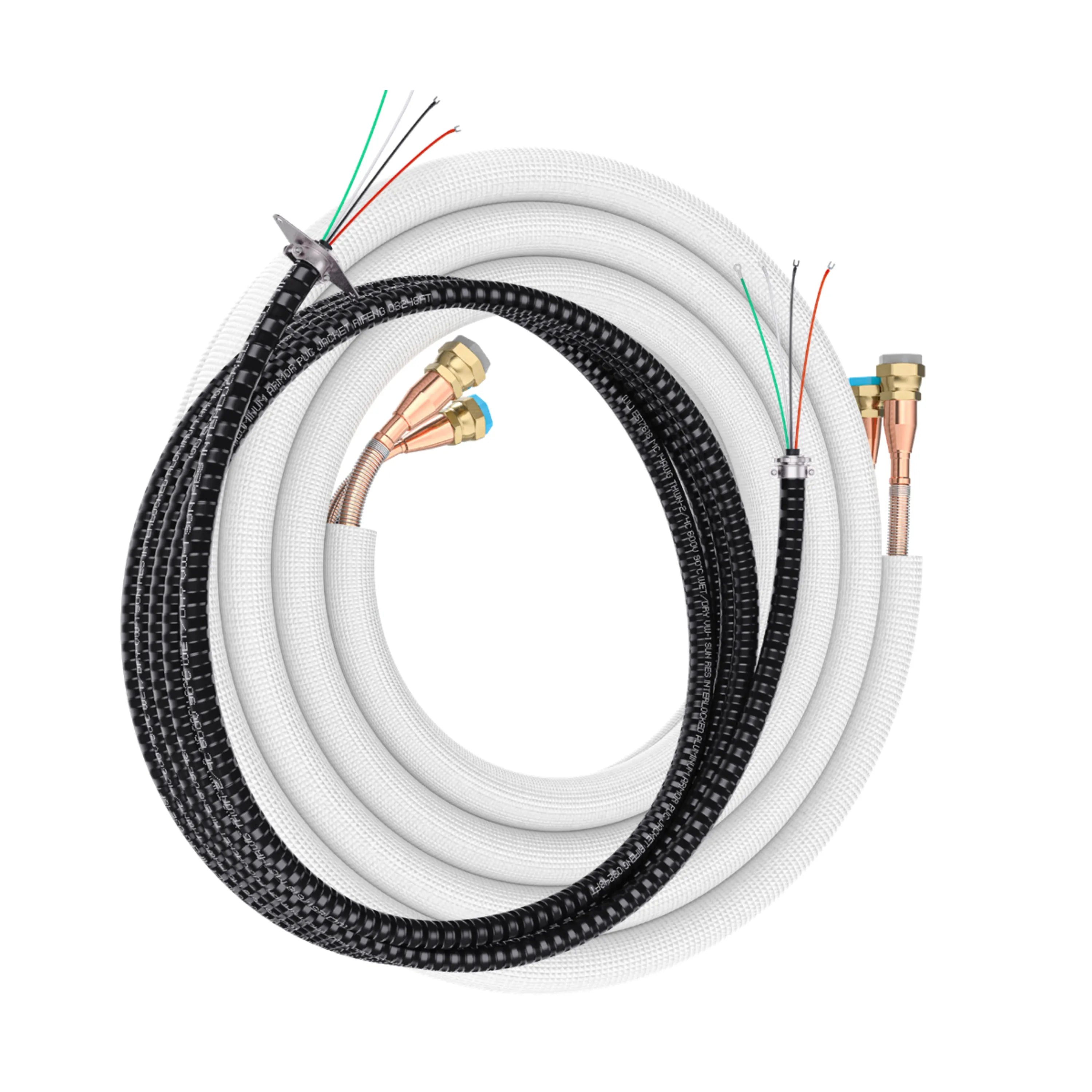 Mini-split line set bundle with white tubing, black cable jacket, and quick-connect ends