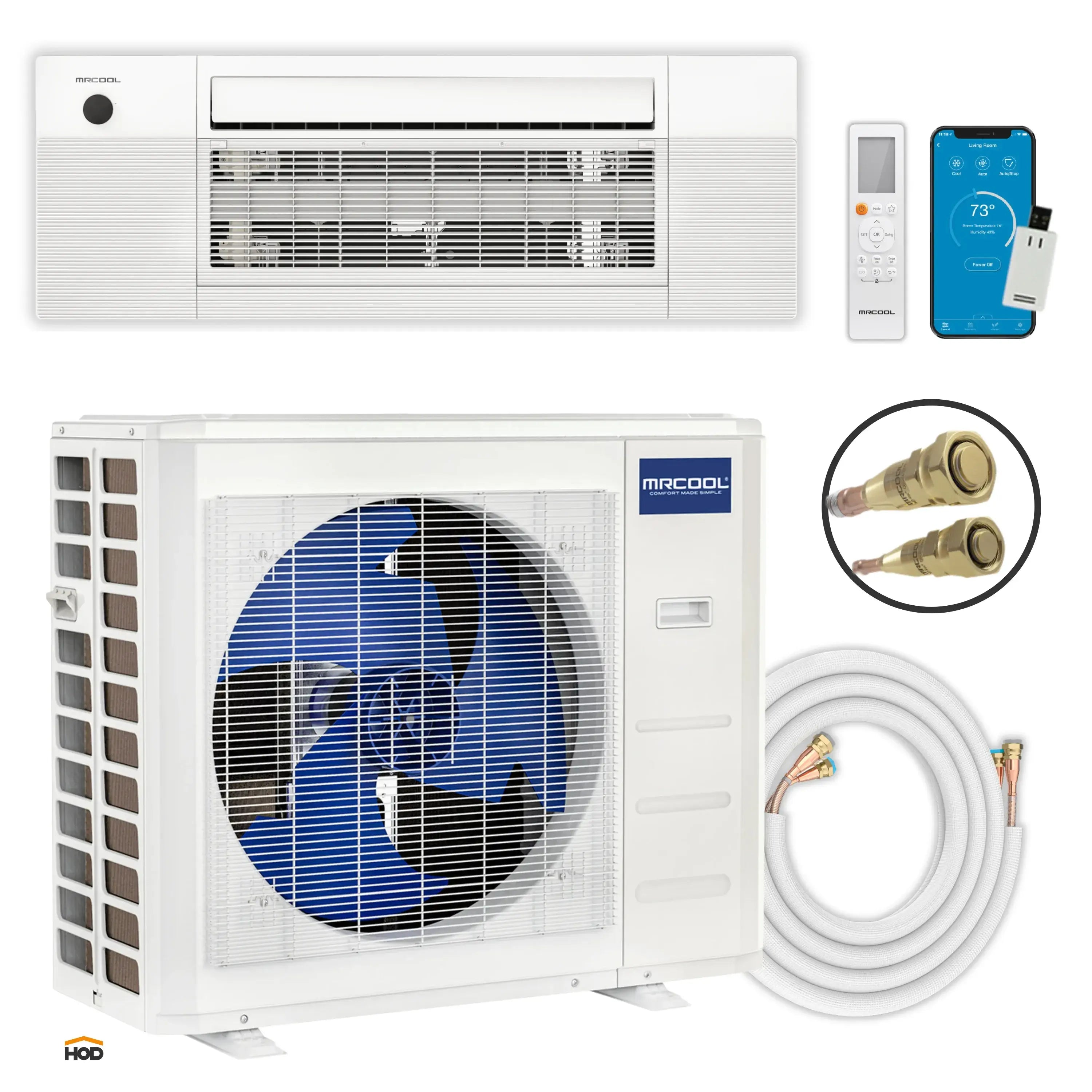 Ceiling cassette mini split system with white indoor unit, remote, and line set