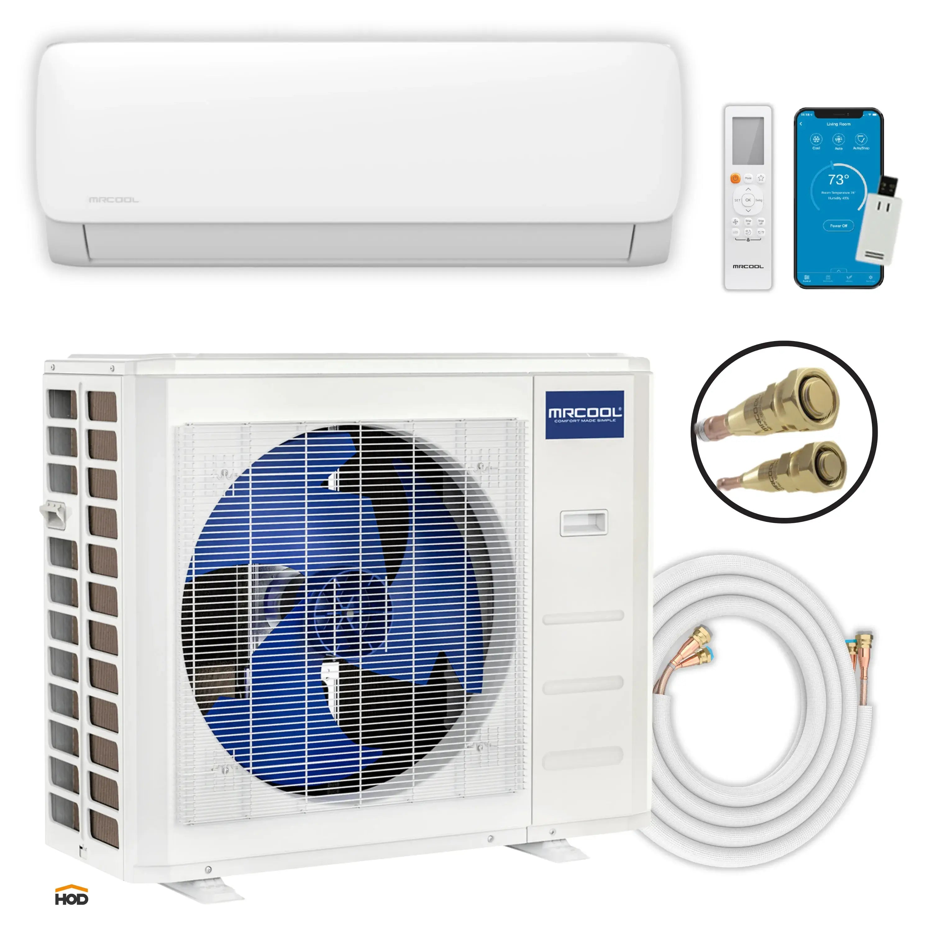 Wall-mount mini split indoor unit, white, front panel closed with logo and vents