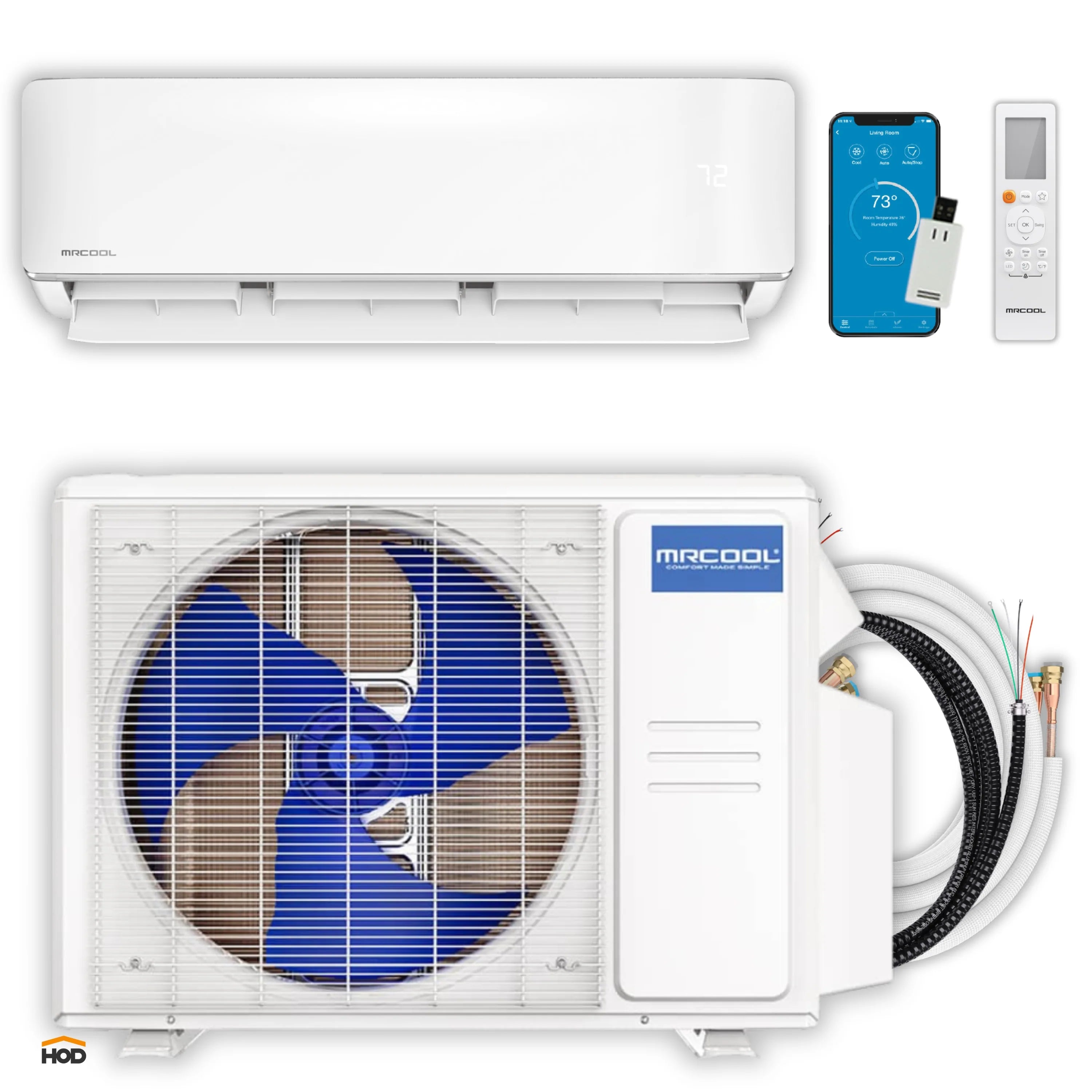 White ductless mini split system with indoor unit, outdoor fan, remote controls, and lines