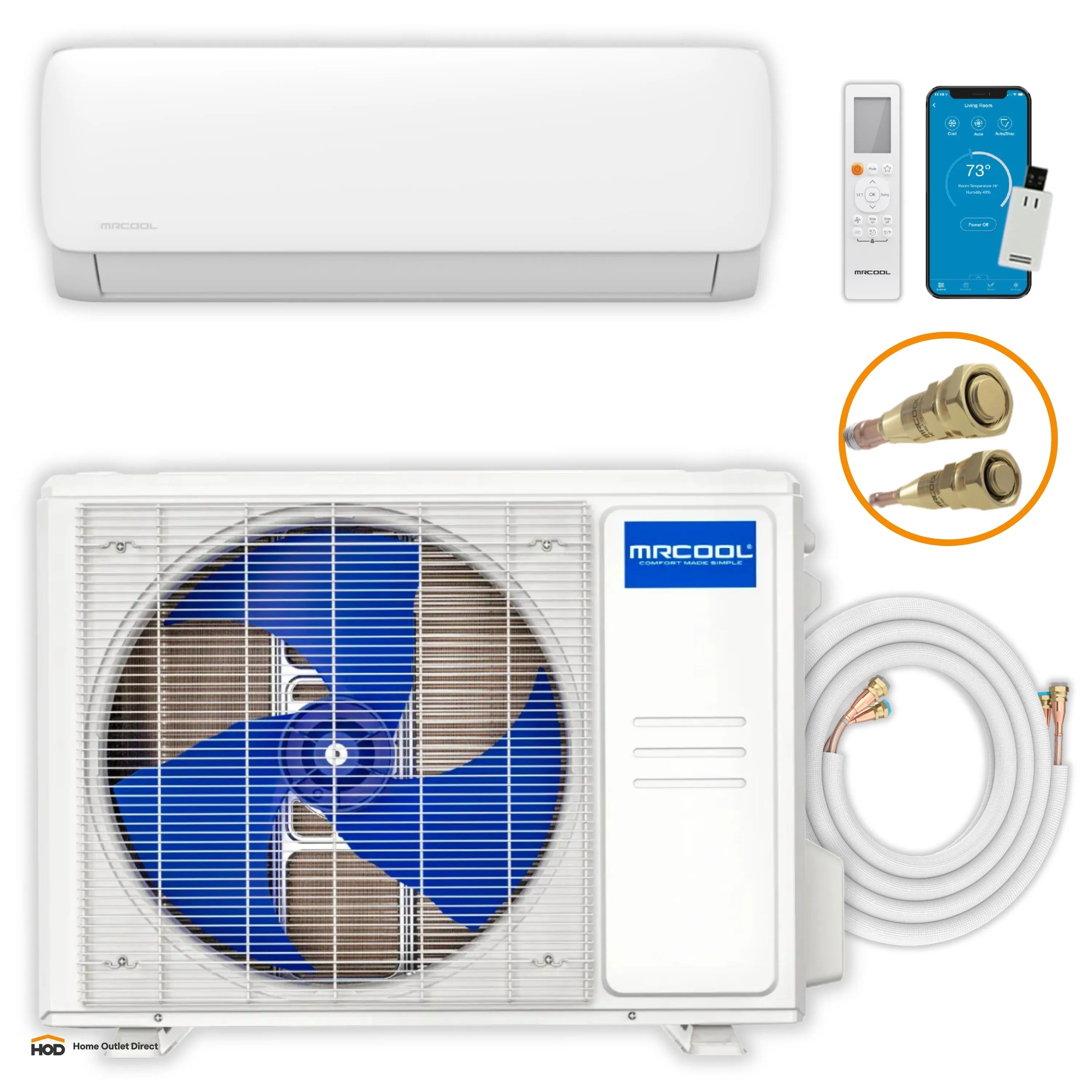 White mini split complete kit with indoor unit, outdoor condenser, and connected line set