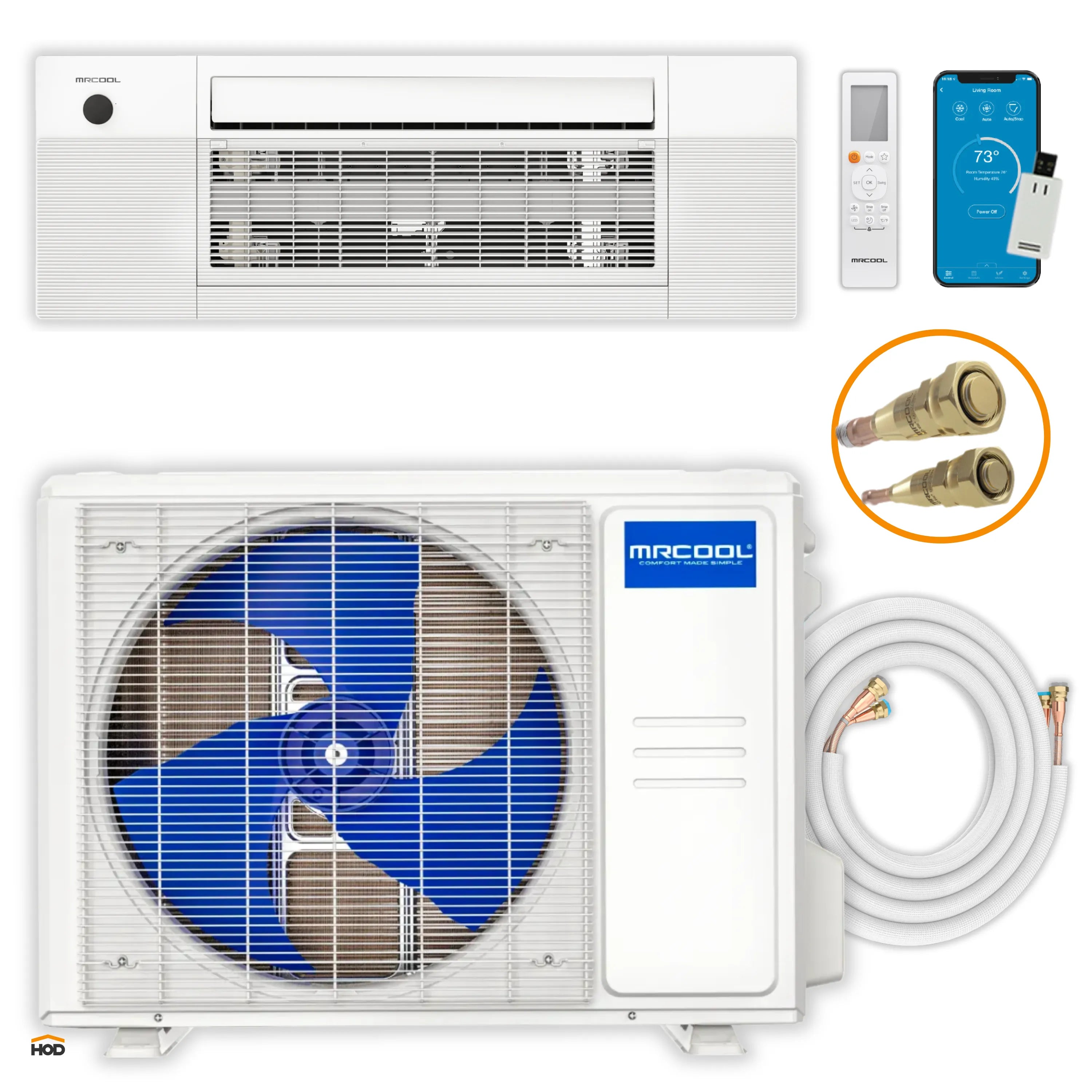 MRCOOL mini split system with outdoor unit, remote, app phone, and refrigerant line set