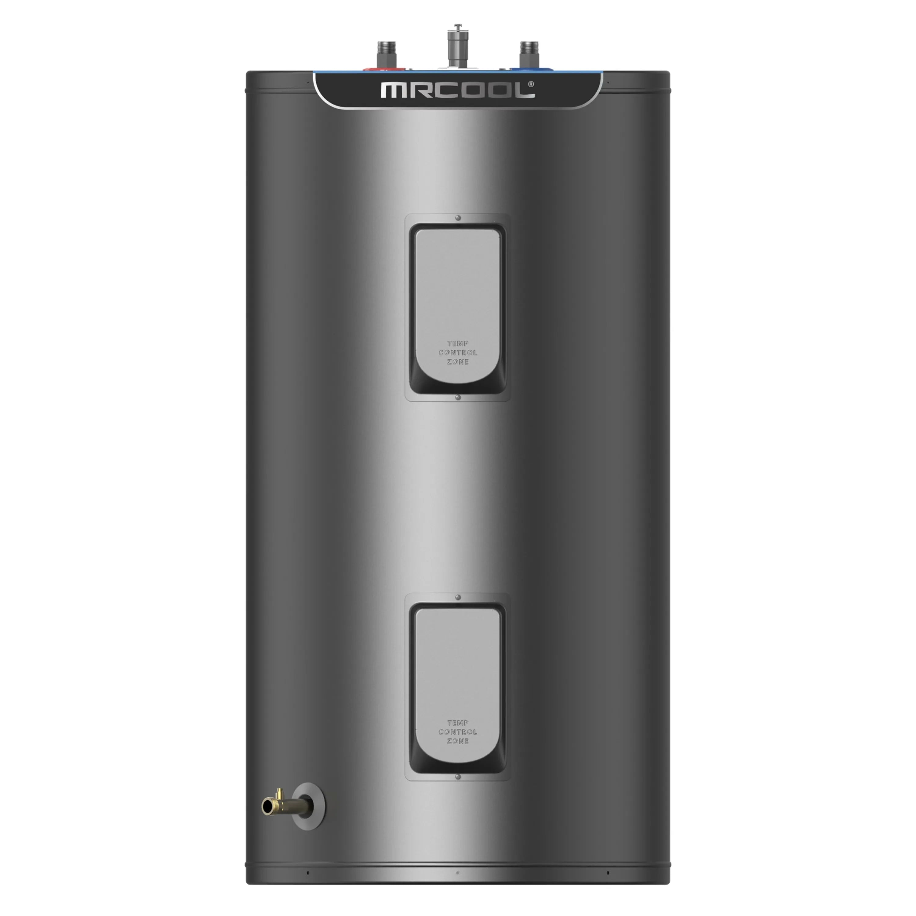 MRCOOL electric tank water heater with two control access panels and inlet valve, dark gray