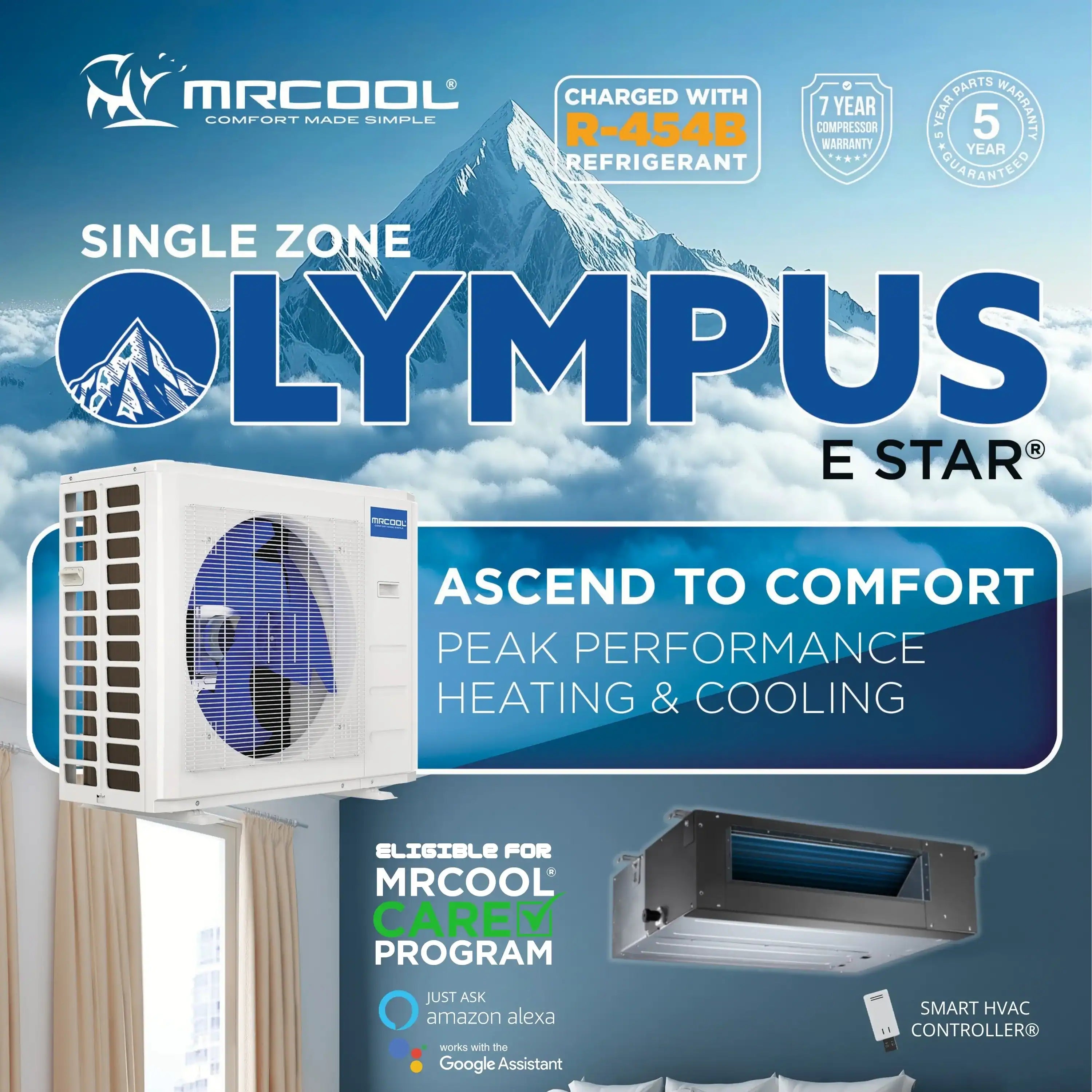 MRCOOL Olympus E Star single-zone mini split promotional graphic with ducted unit