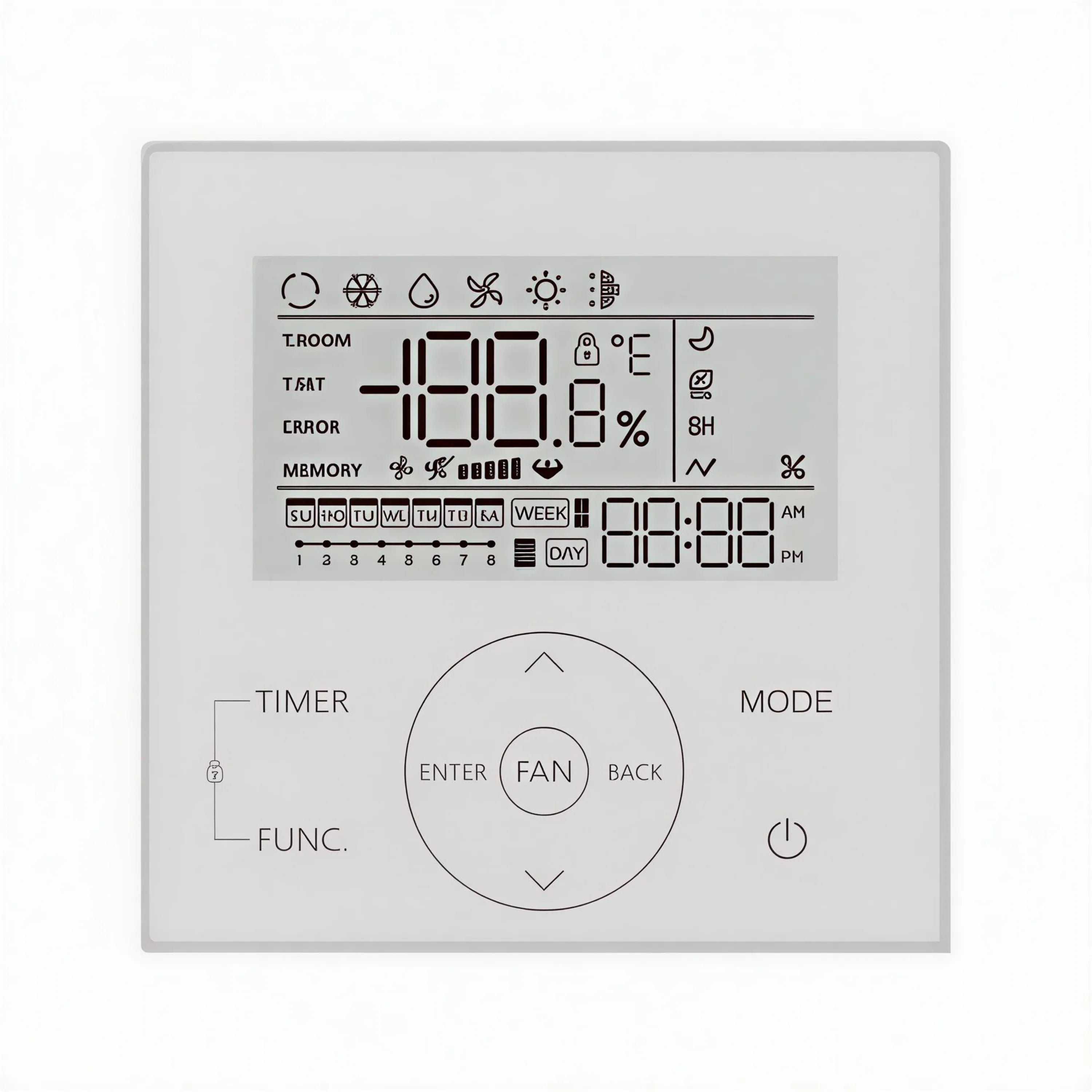 Wired wall thermostat with large LCD display, control dial, and function buttons