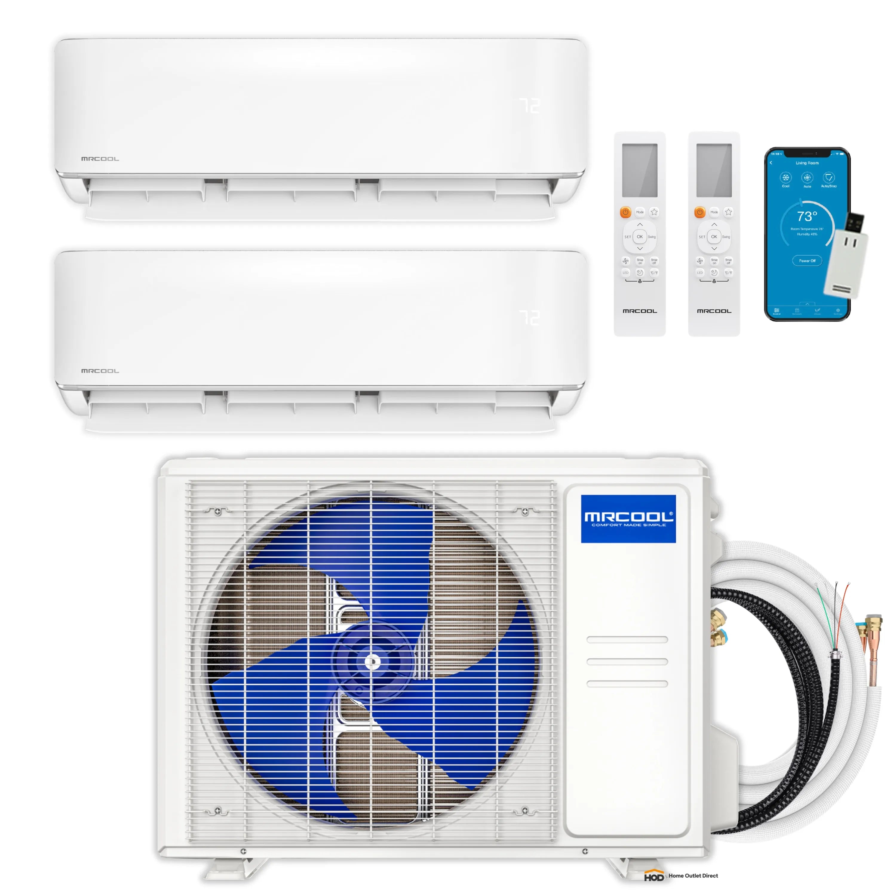 MRCOOL ductless mini split bundle: two indoor units, outdoor condenser, line set