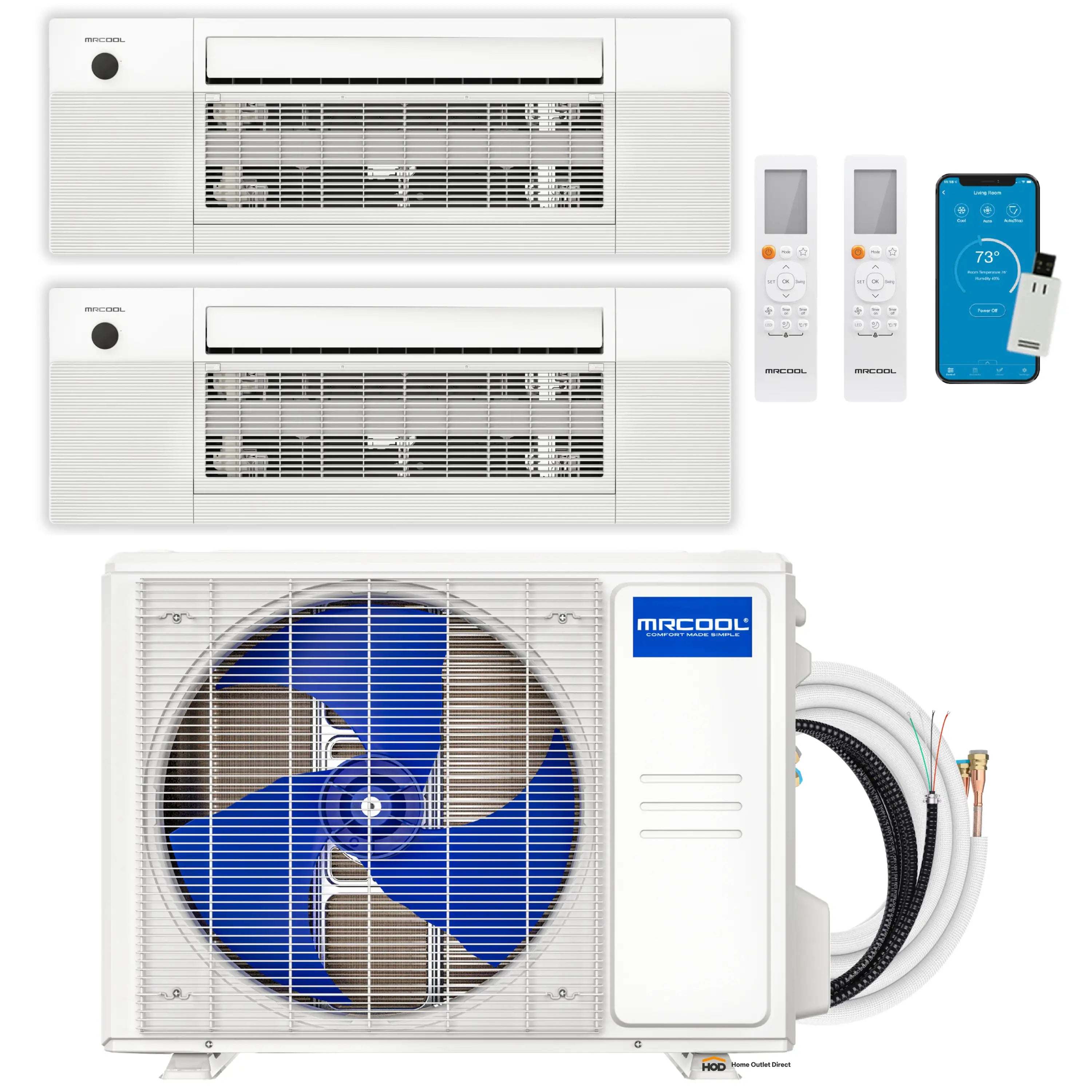 MRCOOL ductless multi-zone system with two white ceiling cassette units and outdoor condenser