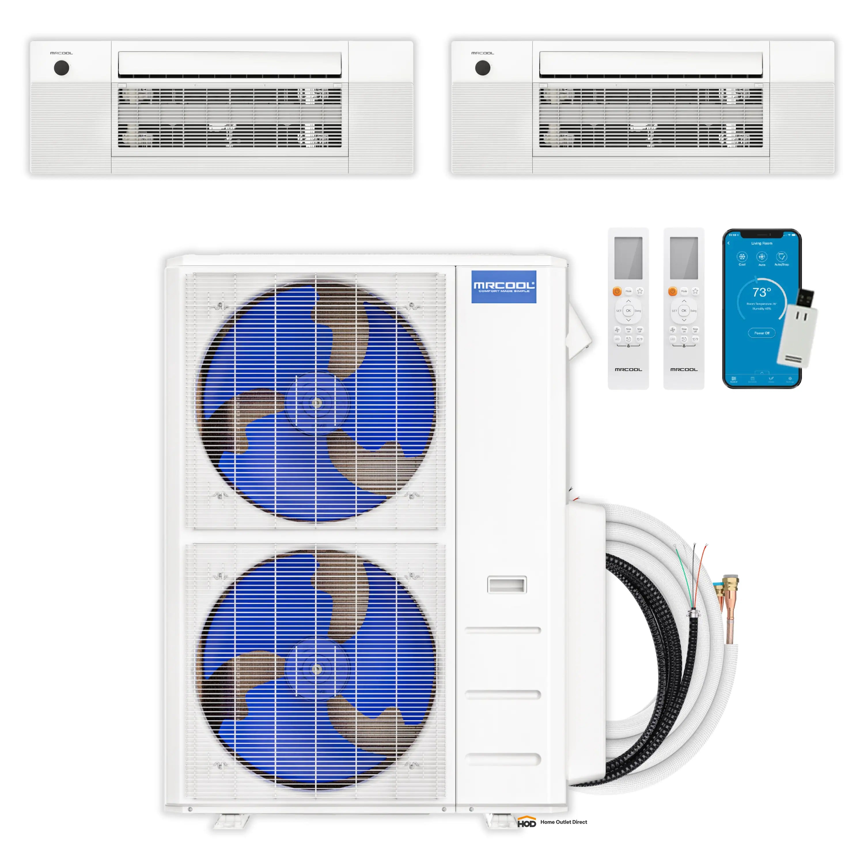 White two-zone ductless mini split kit with ceiling cassettes and line set