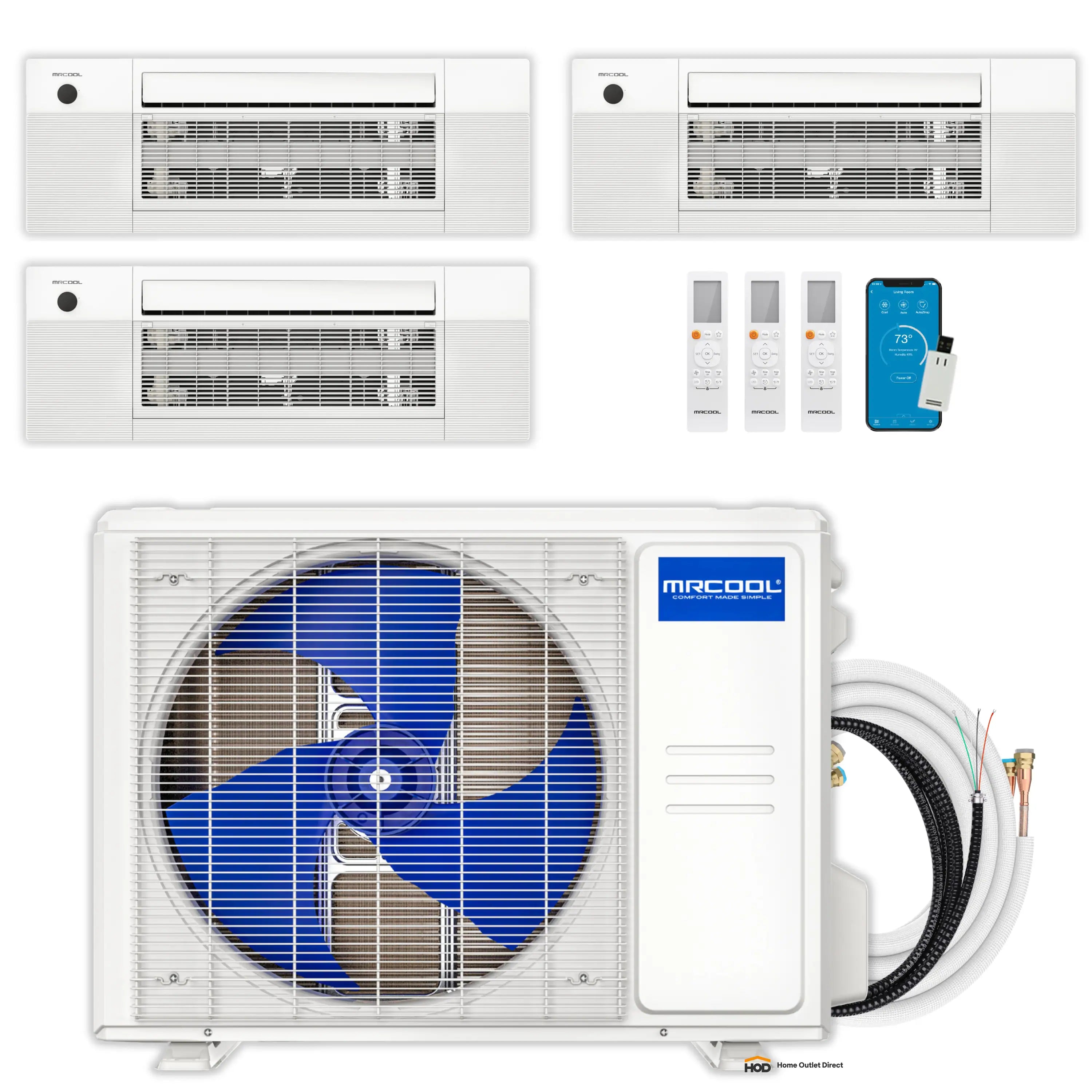 MRCOOL ductless condenser bundle with ceiling cassettes and line set components