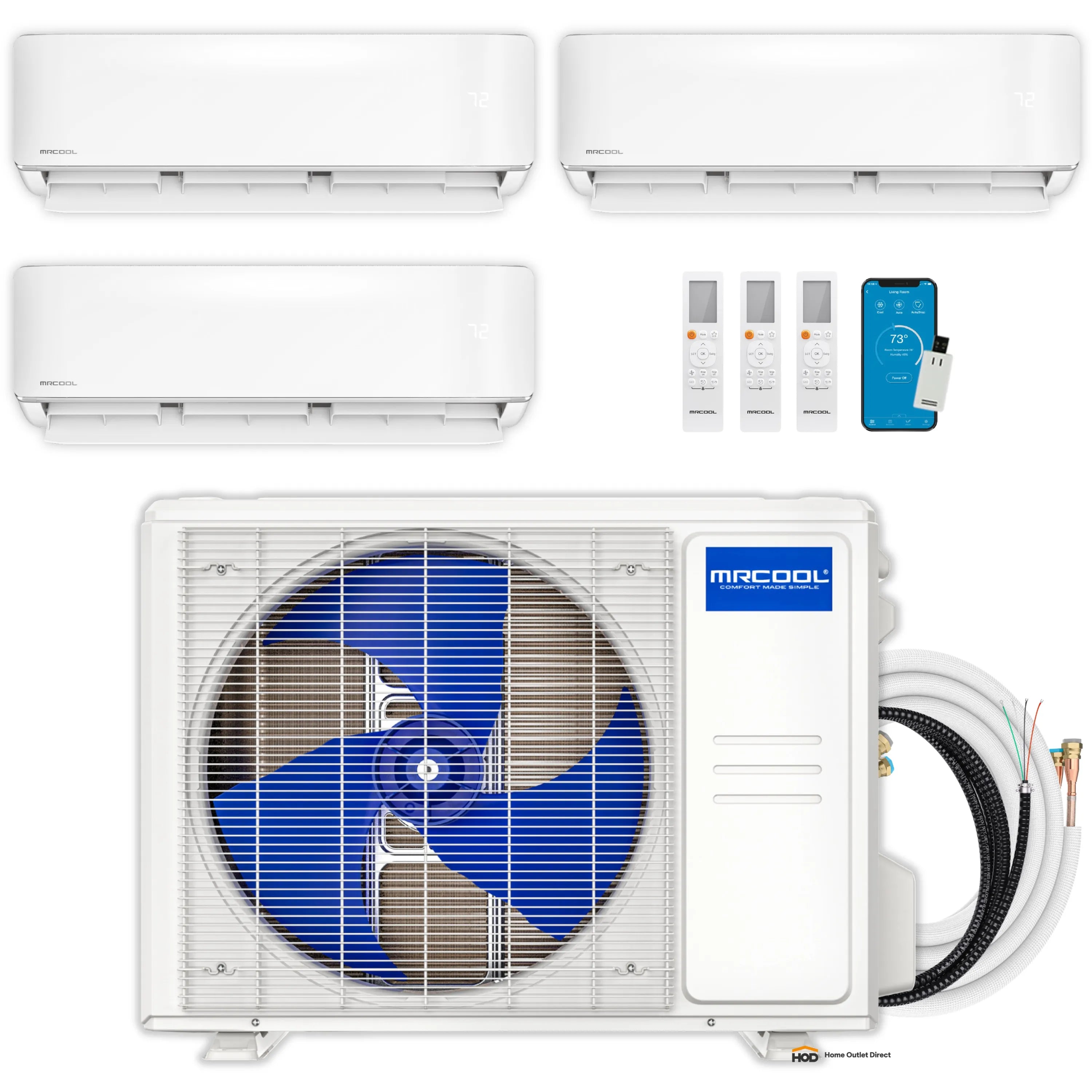 MRCOOL mini split system bundle with indoor air handlers, outdoor condenser, and line set