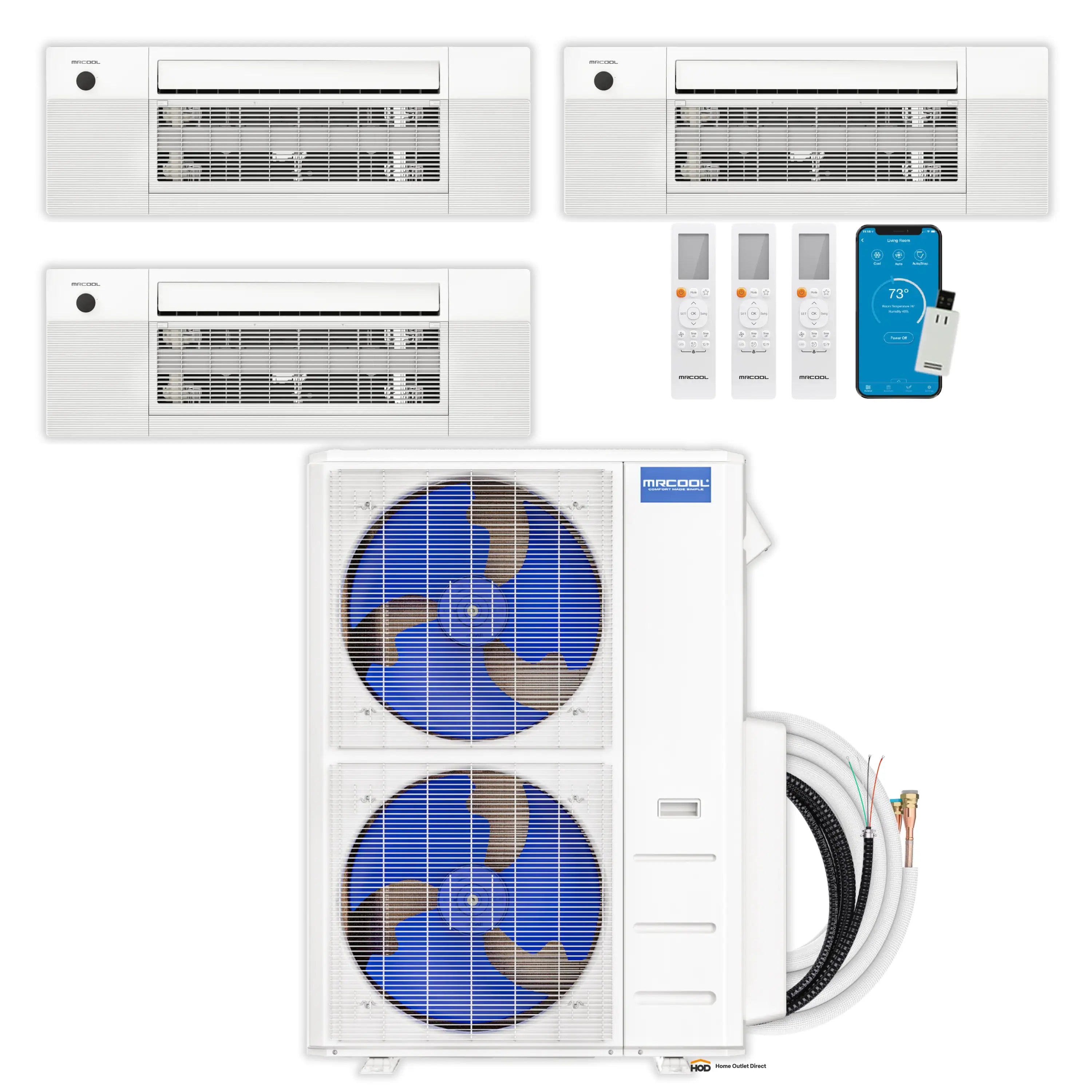 MRCOOL 3-zone ductless mini split kit with ceiling cassette air handlers and condenser