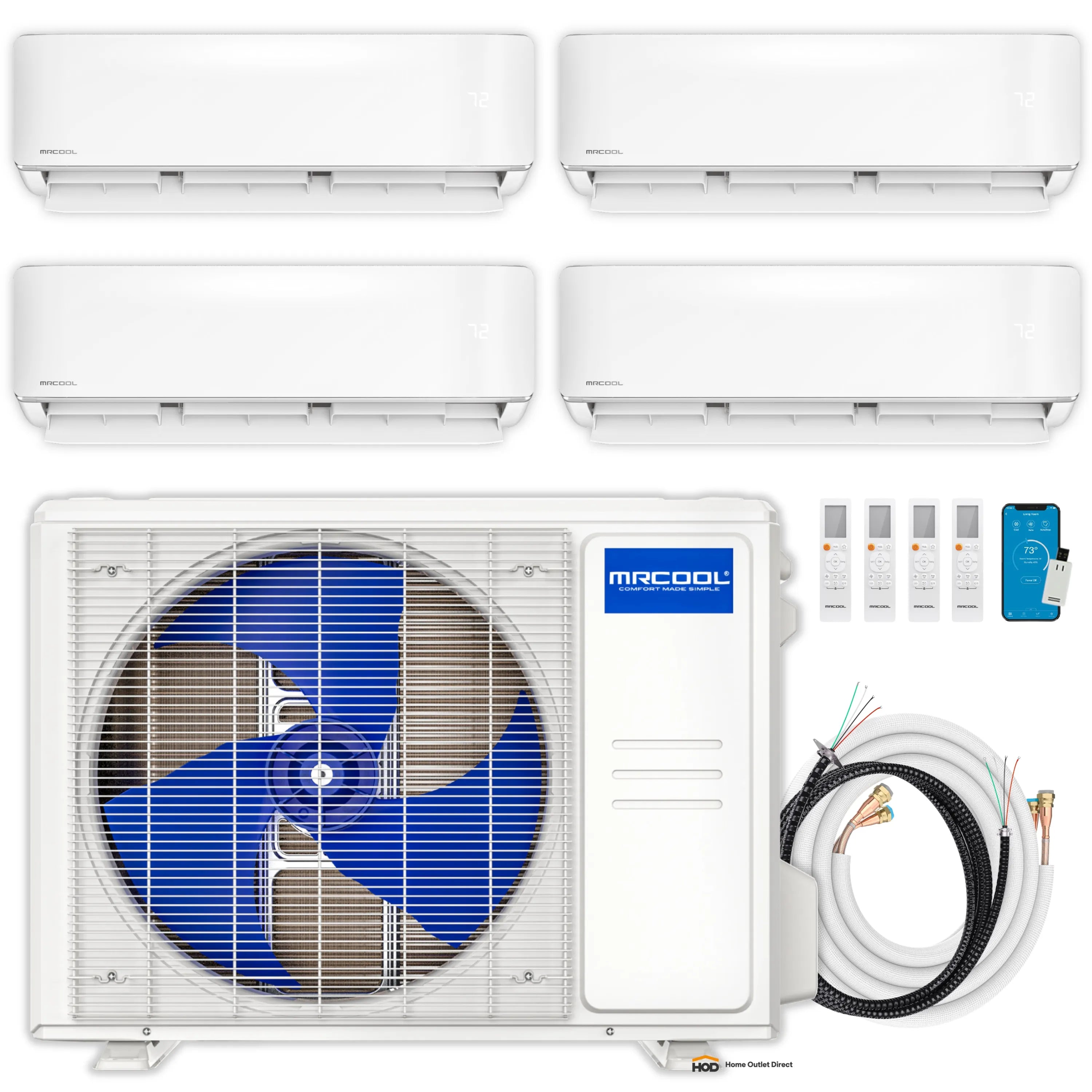 MRCOOL 4-zone mini-split kit with multiple indoor units, outdoor condenser, and line set
