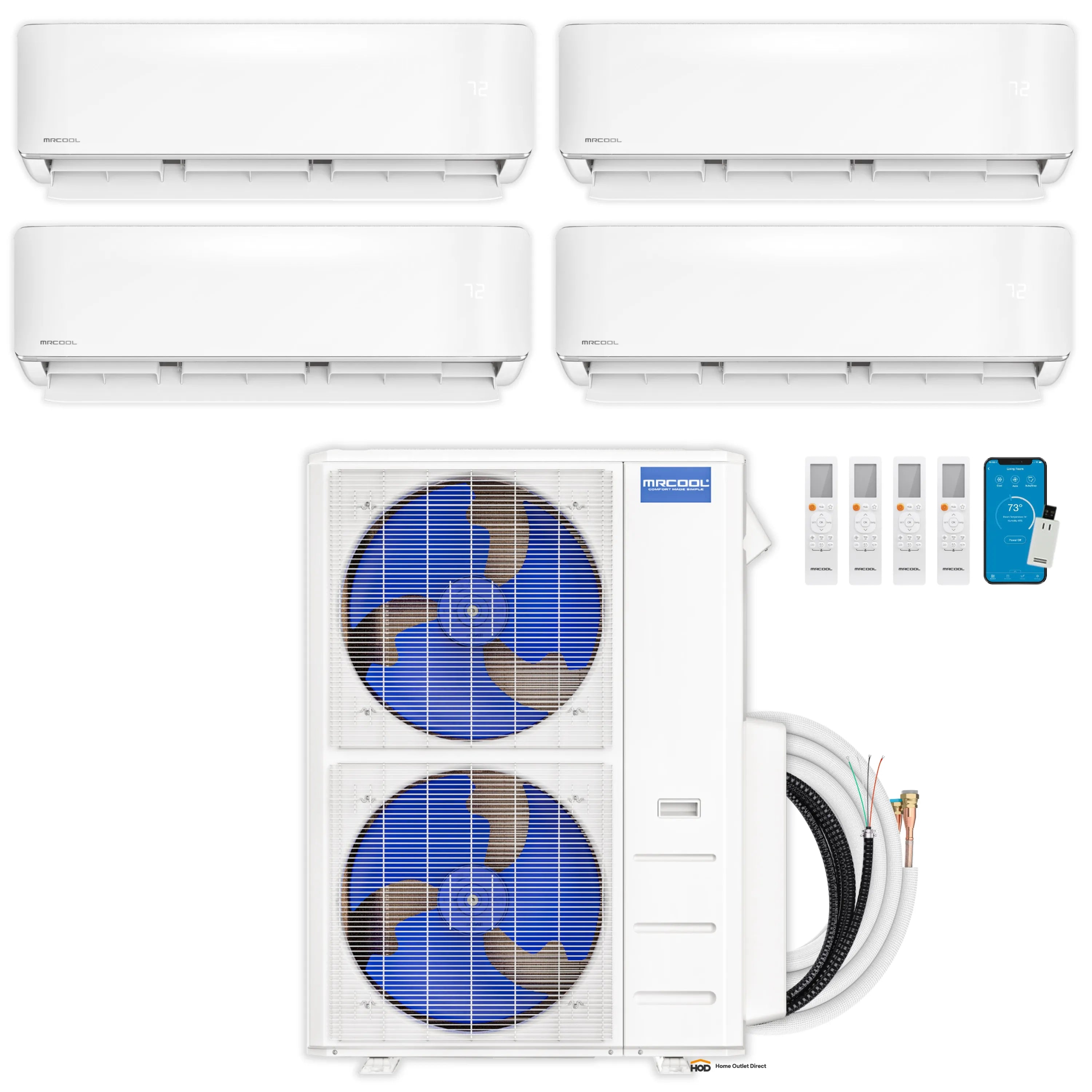 Four white mini split indoor units with outdoor condenser and connected line set